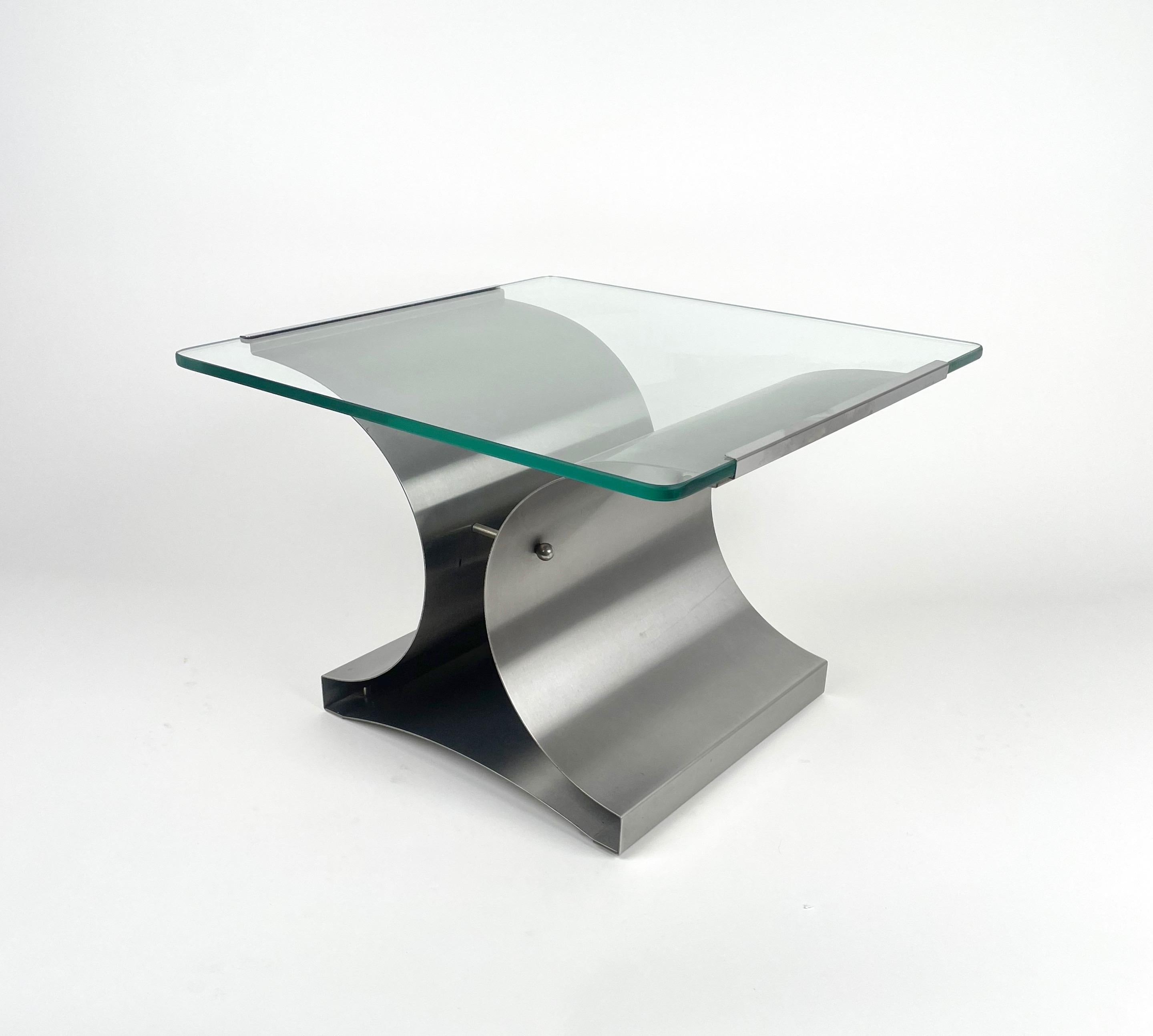 Squared Coffee Side Table in Steel and Glass by Francois Monnet, France, 1970s In Good Condition In Rome, IT