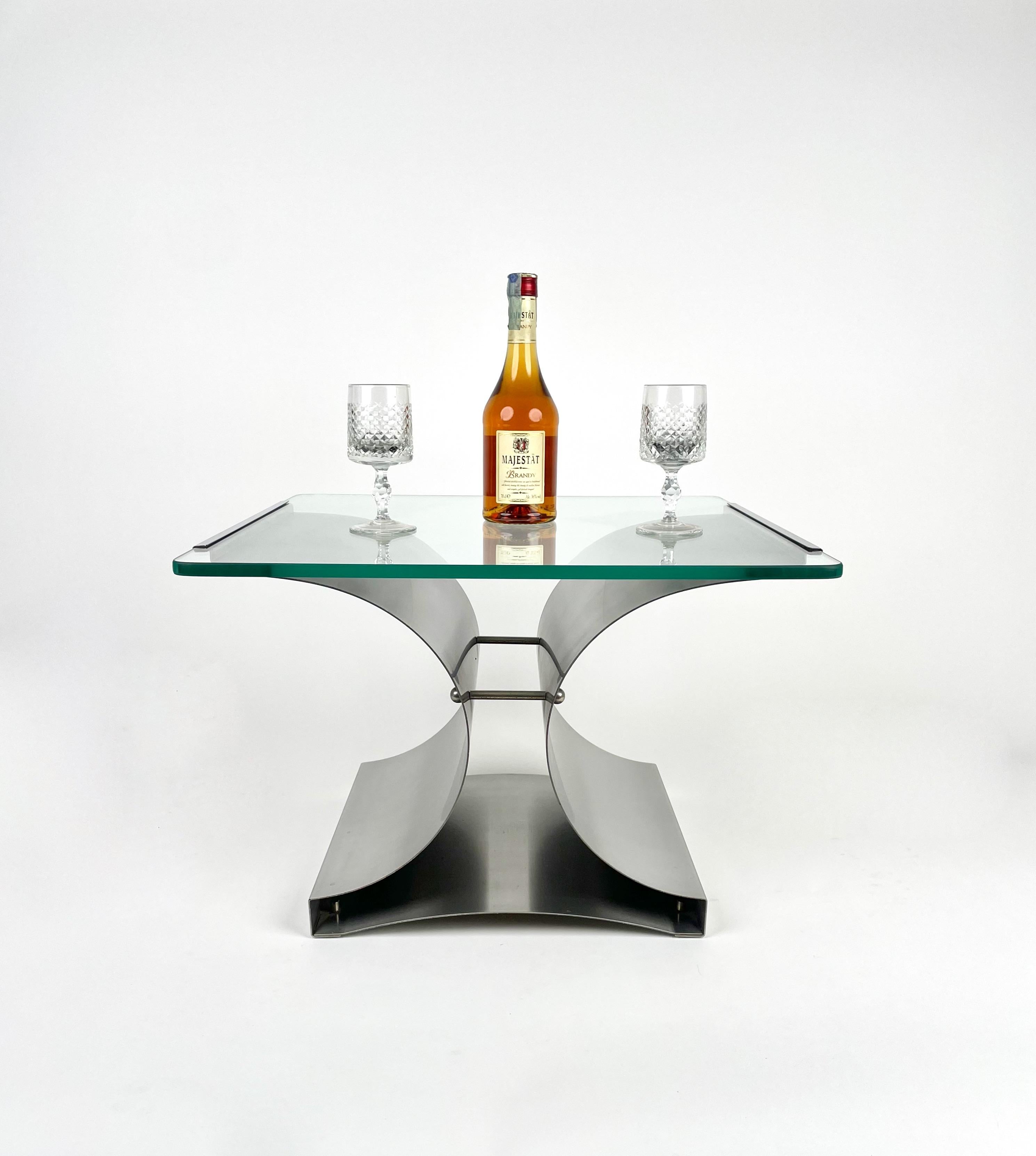 Late 20th Century Squared Coffee Side Table in Steel and Glass by Francois Monnet, France, 1970s