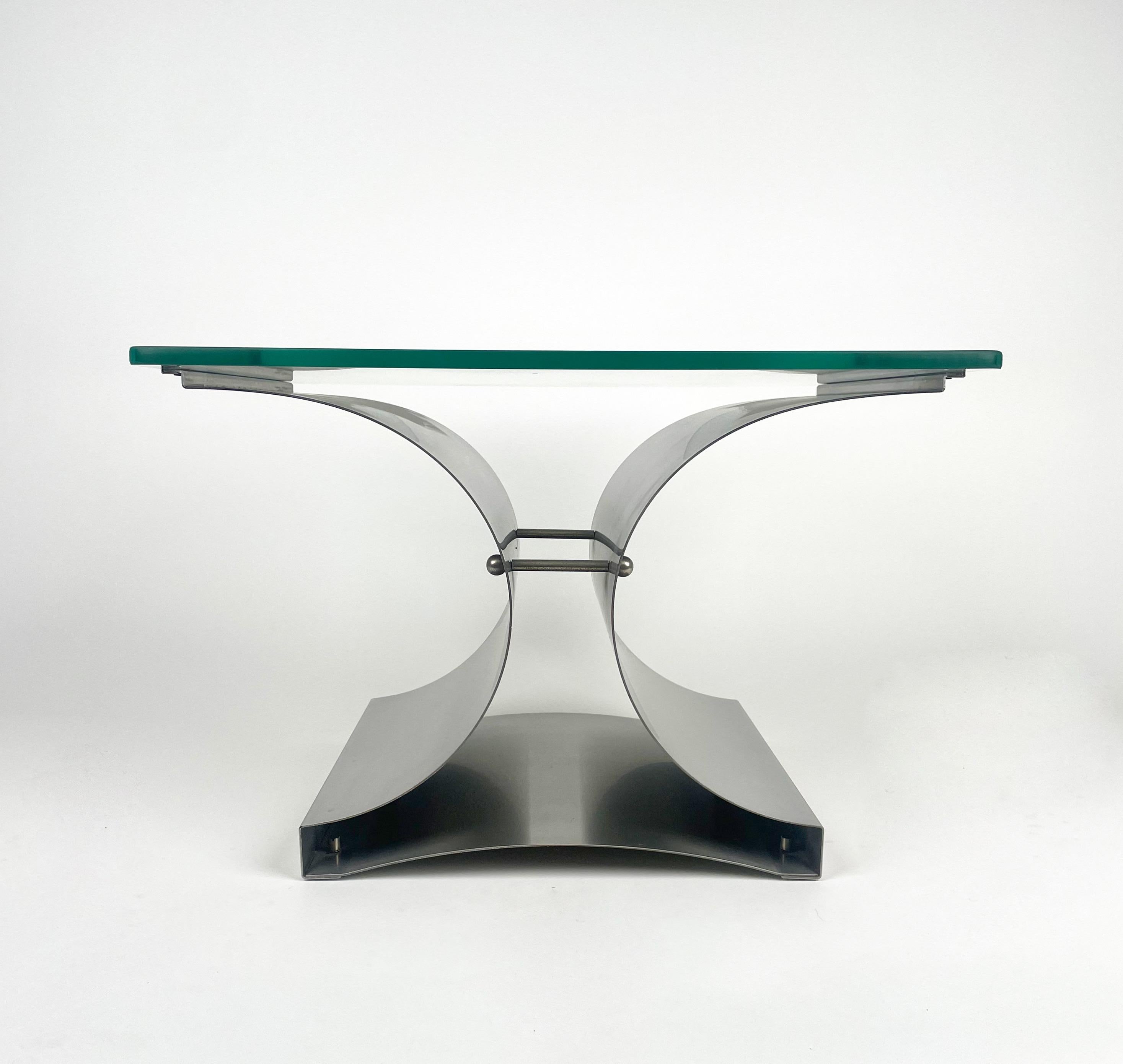 Squared Coffee Side Table in Steel and Glass by Francois Monnet, France, 1970s 1