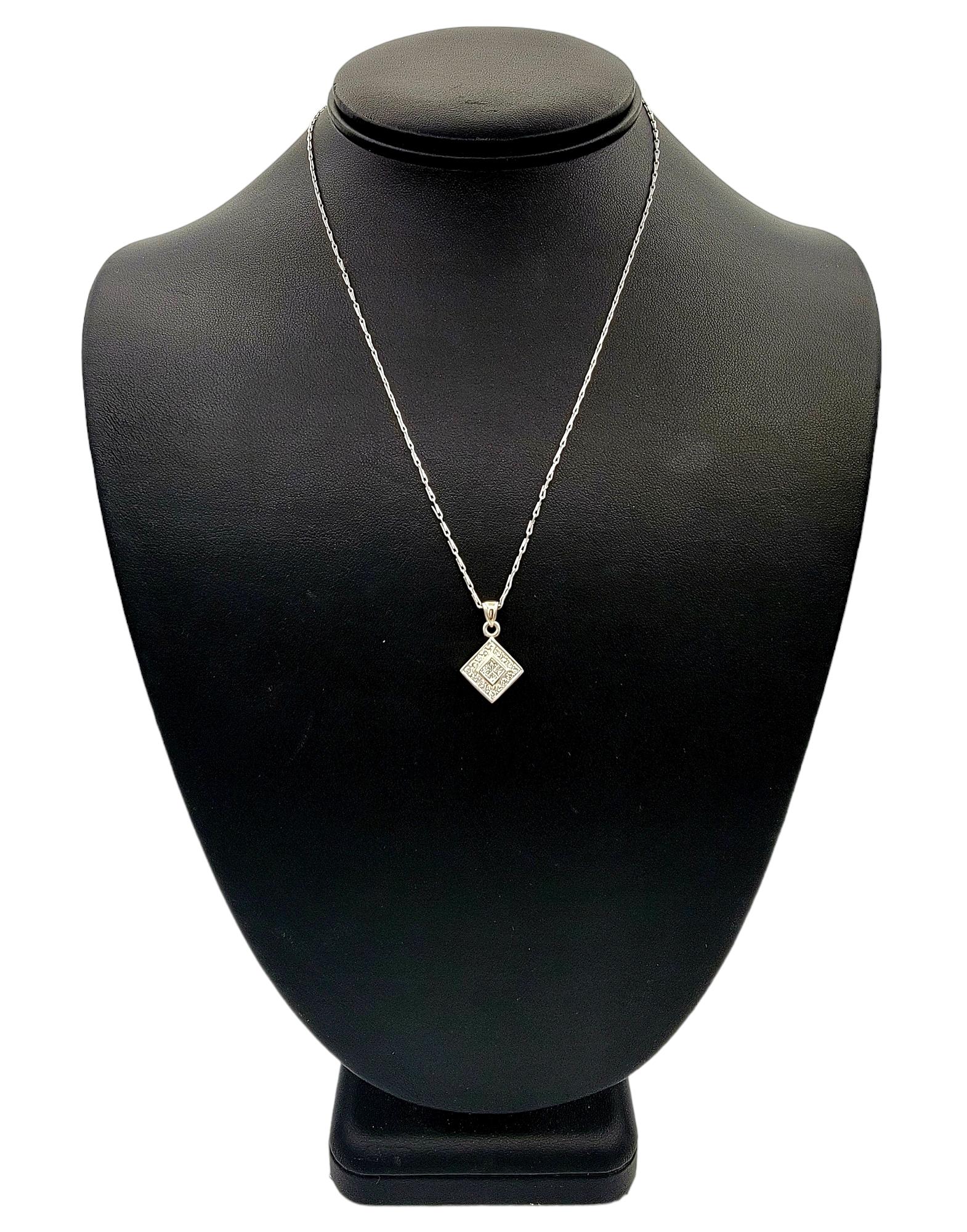 Squared Diamond Pendant Necklace with Halo and Link Chain in Polished Platinum For Sale 4