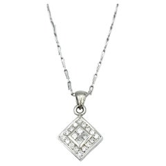 Squared Diamond Pendant Necklace with Halo and Link Chain in Polished Platinum