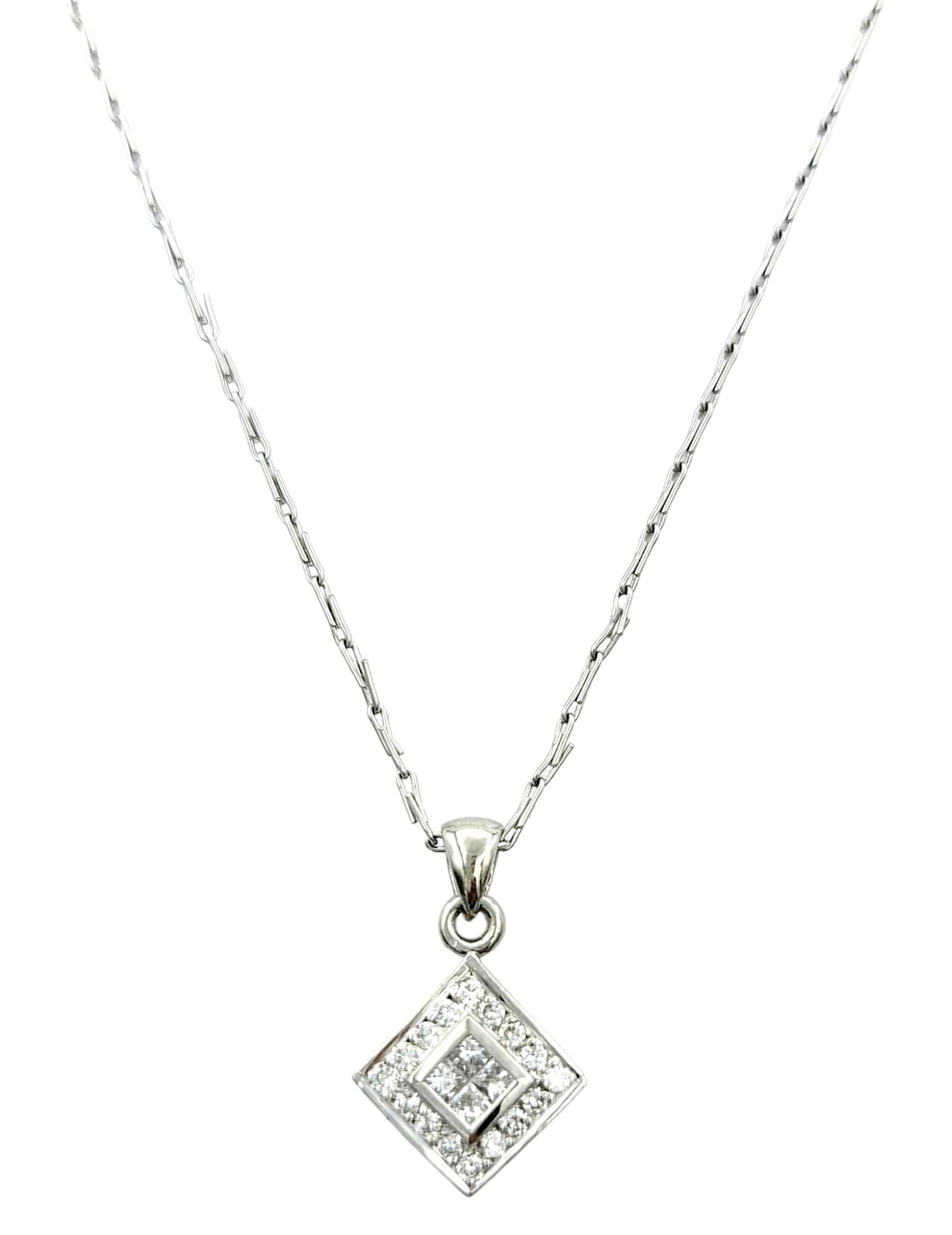 Contemporary Squared Diamond Pendant Necklace with Halo and Link Chain in Polished Platinum For Sale