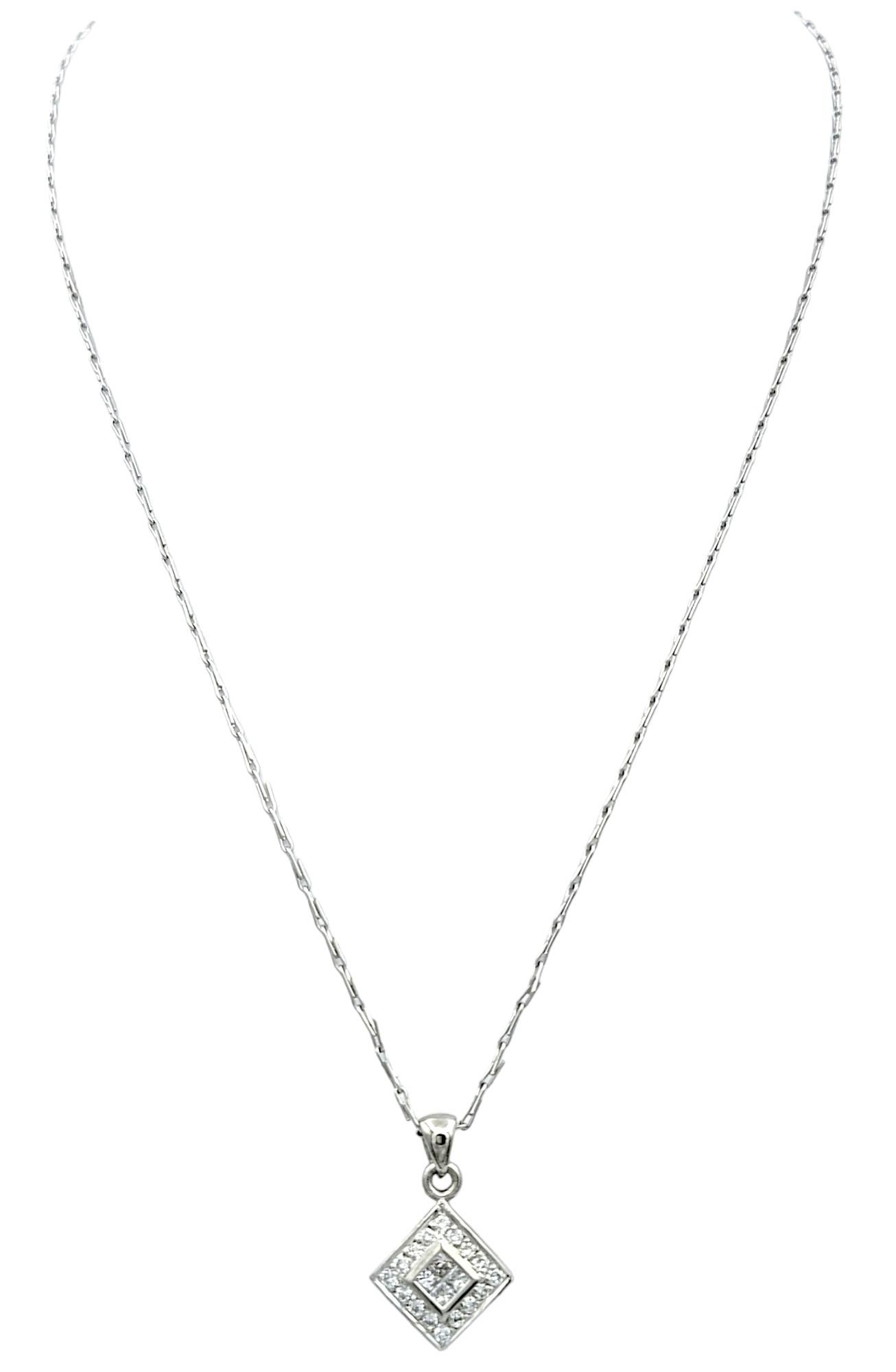 Princess Cut Squared Diamond Pendant Necklace with Halo and Link Chain in Polished Platinum For Sale
