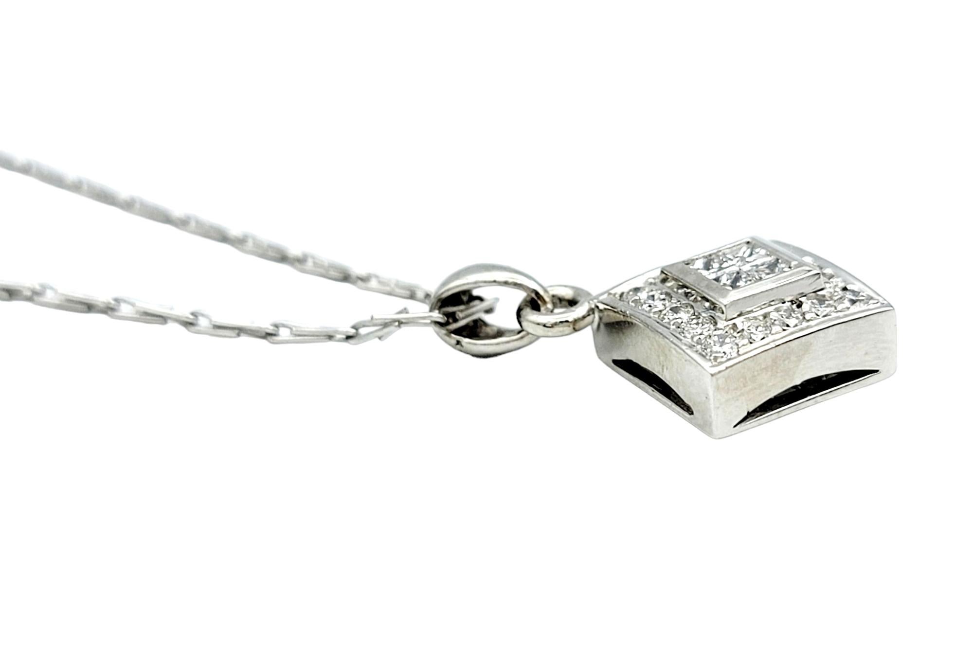 Women's Squared Diamond Pendant Necklace with Halo and Link Chain in Polished Platinum For Sale
