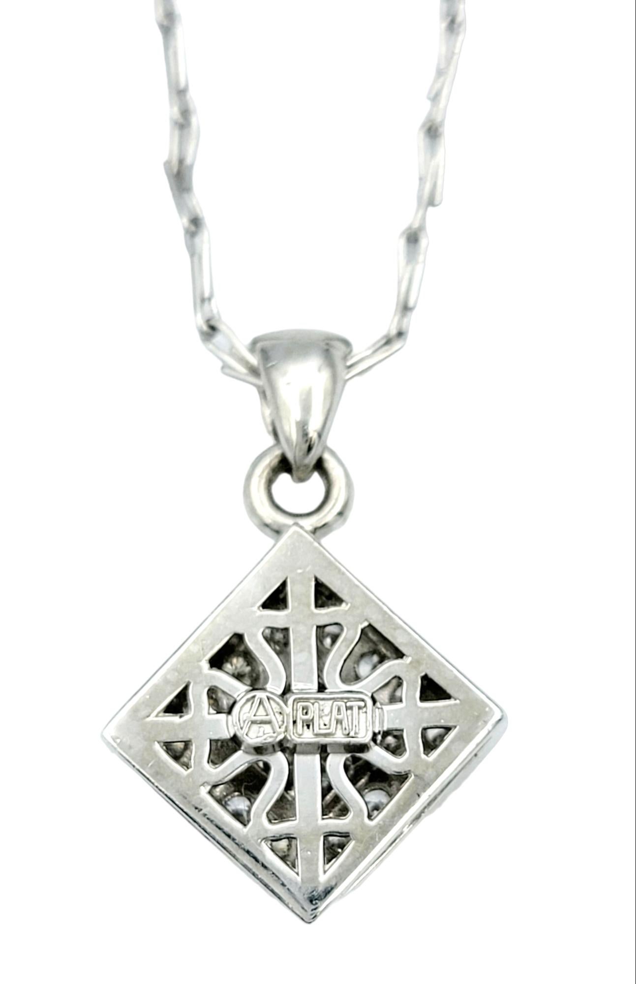 Squared Diamond Pendant Necklace with Halo and Link Chain in Polished Platinum For Sale 1