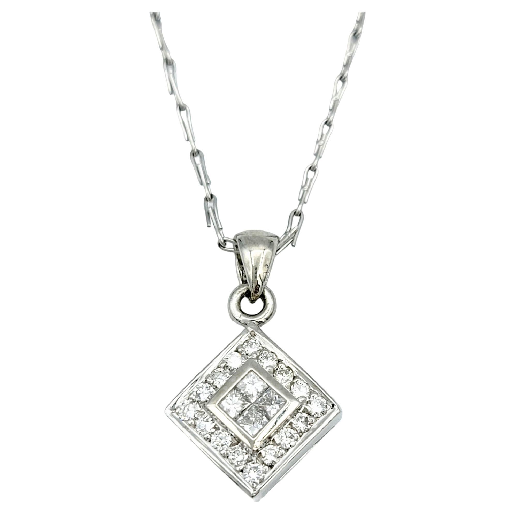 Squared Diamond Pendant Necklace with Halo and Link Chain in Polished Platinum For Sale