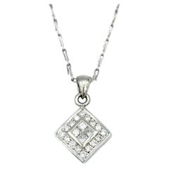 Squared Diamond Pendant Necklace with Halo and Link Chain in Polished Platinum