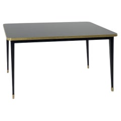 Table de salle à manger carrée, plateau brillant, laiton, pieds coniques noirs, Diamond Black - M