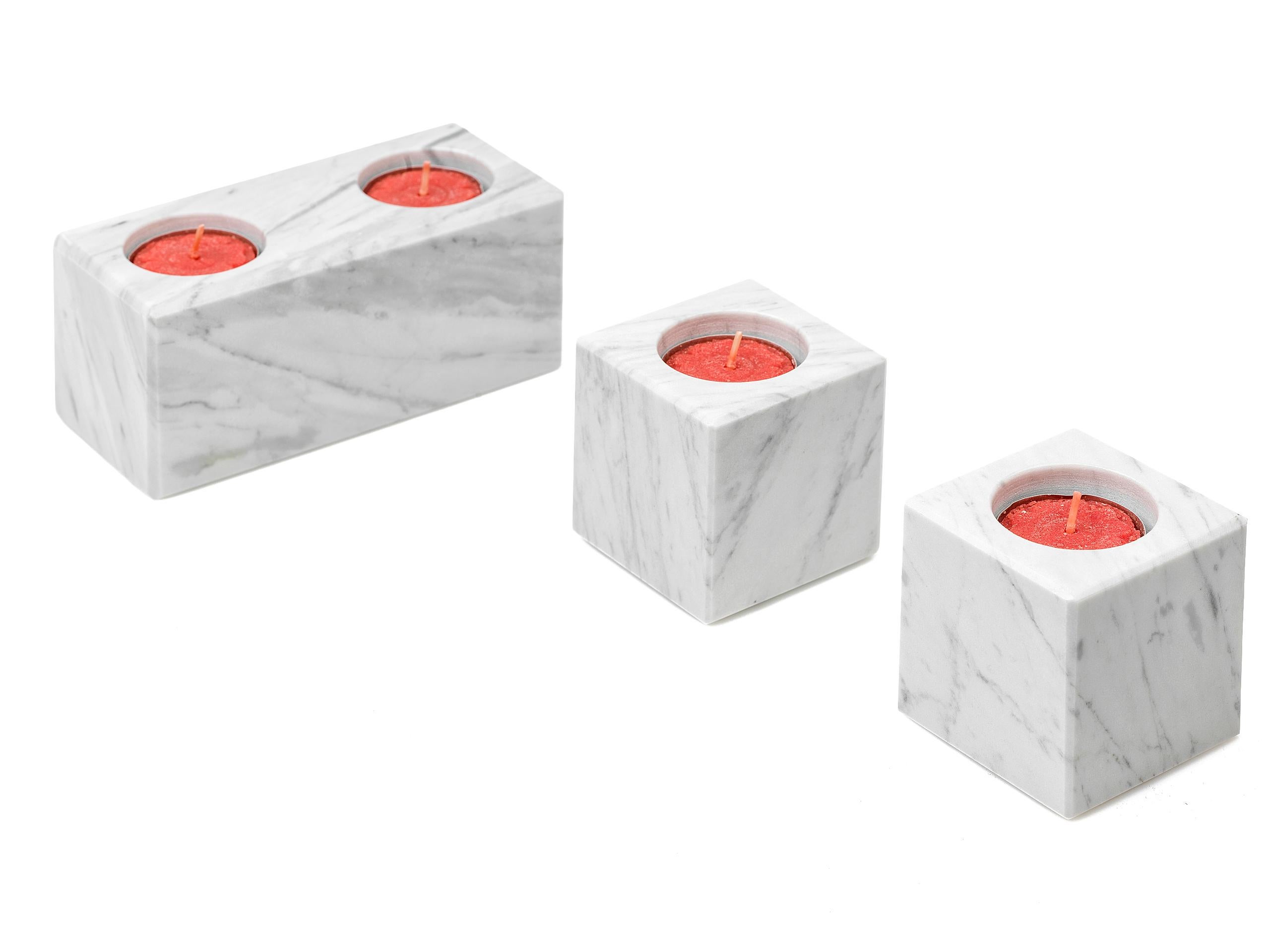 Italian Squared Double Candleholder in White Carrara Marble