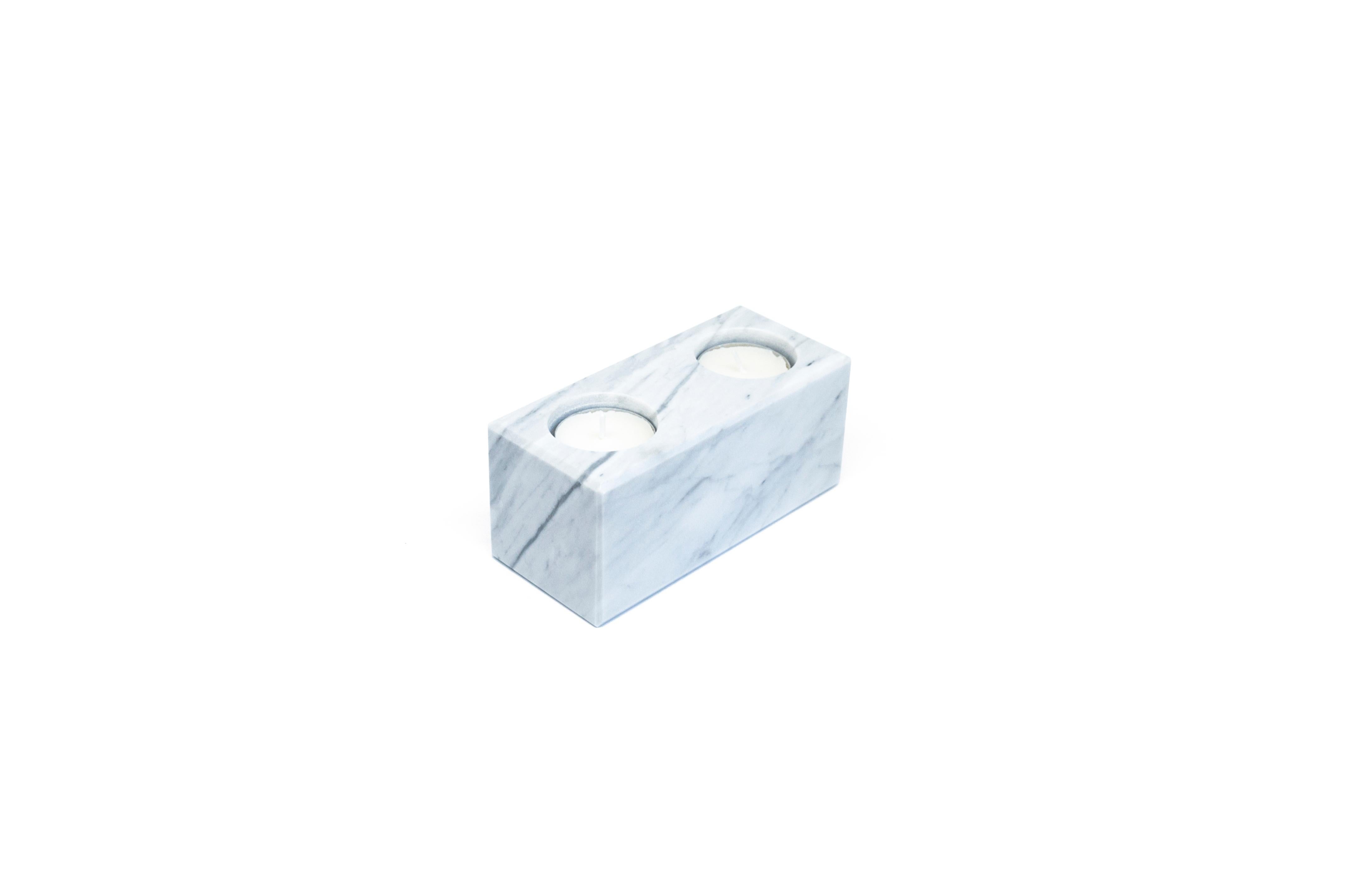 Contemporary Squared Double Candleholder in White Carrara Marble