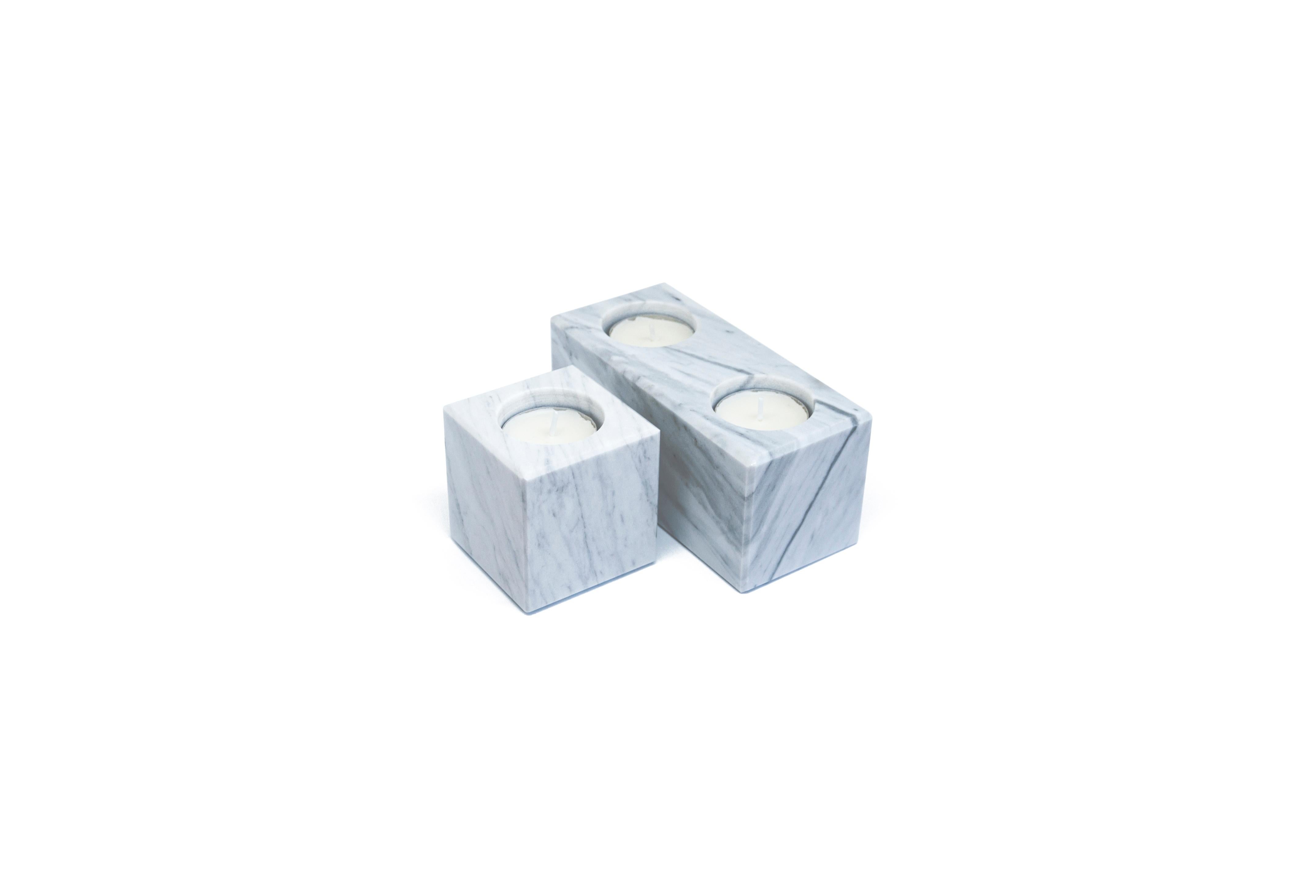Squared Double Candleholder in White Carrara Marble 1
