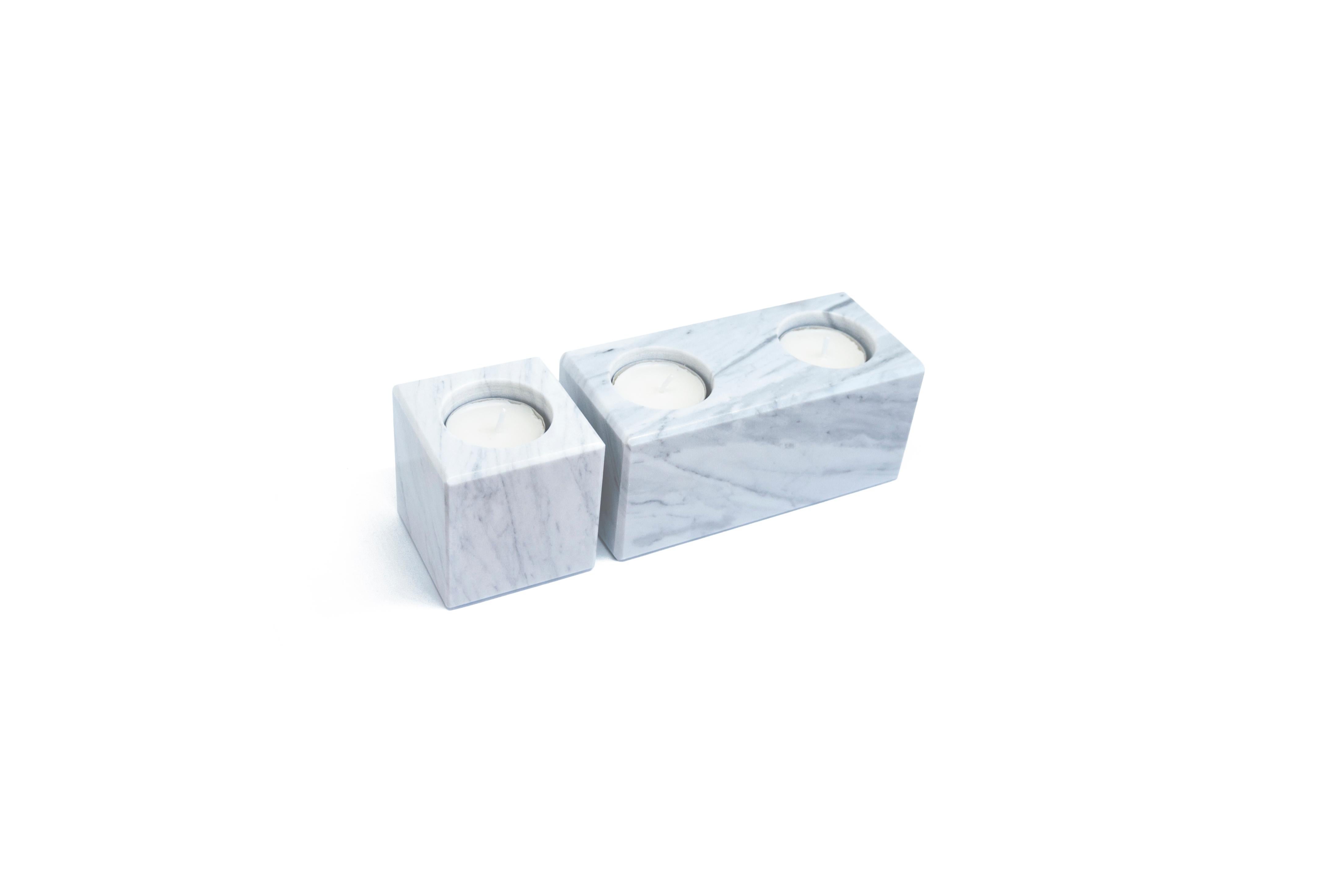 Squared Double Candleholder in White Carrara Marble 2