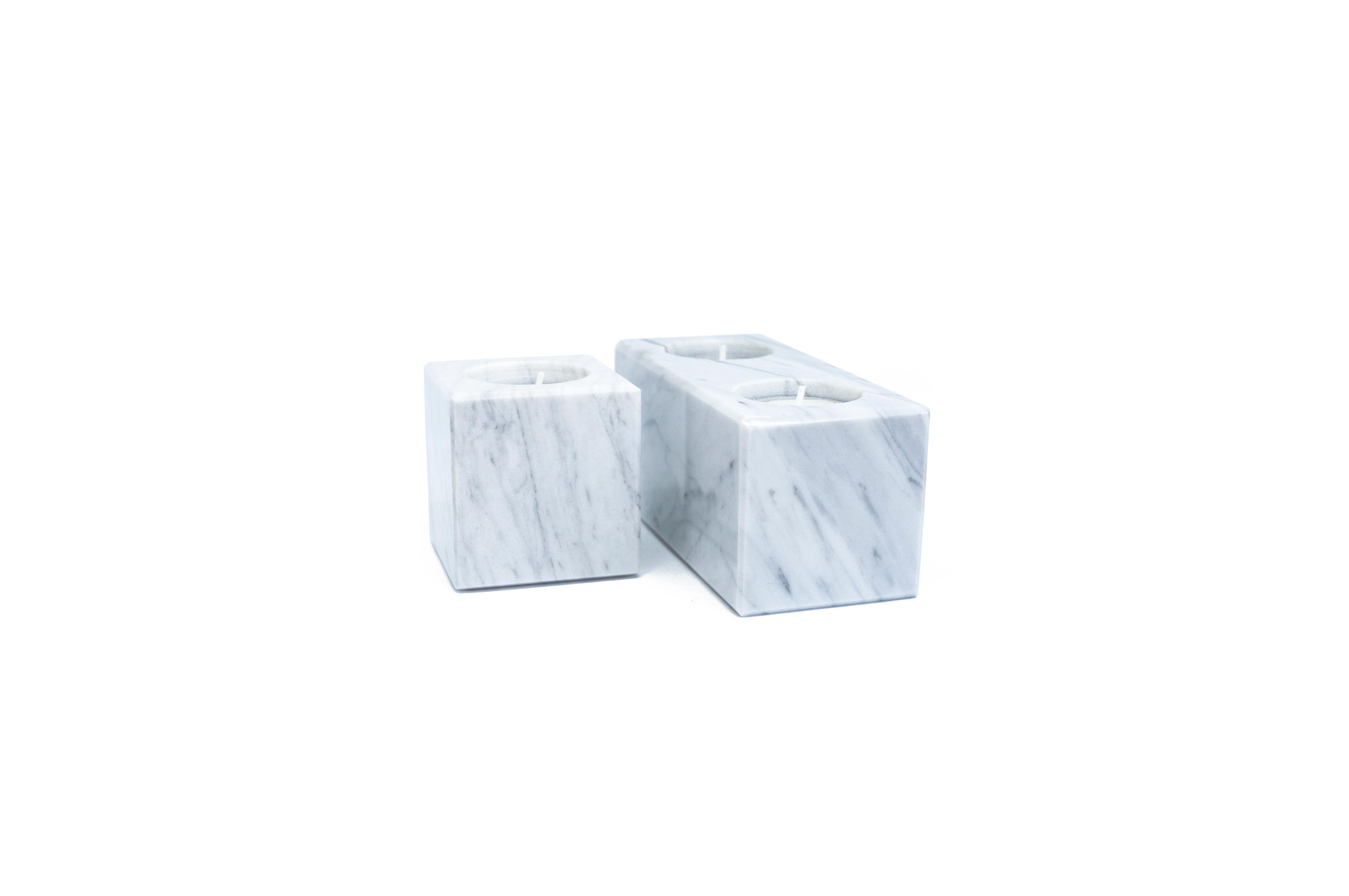 Squared Double Candleholder in White Carrara Marble 3