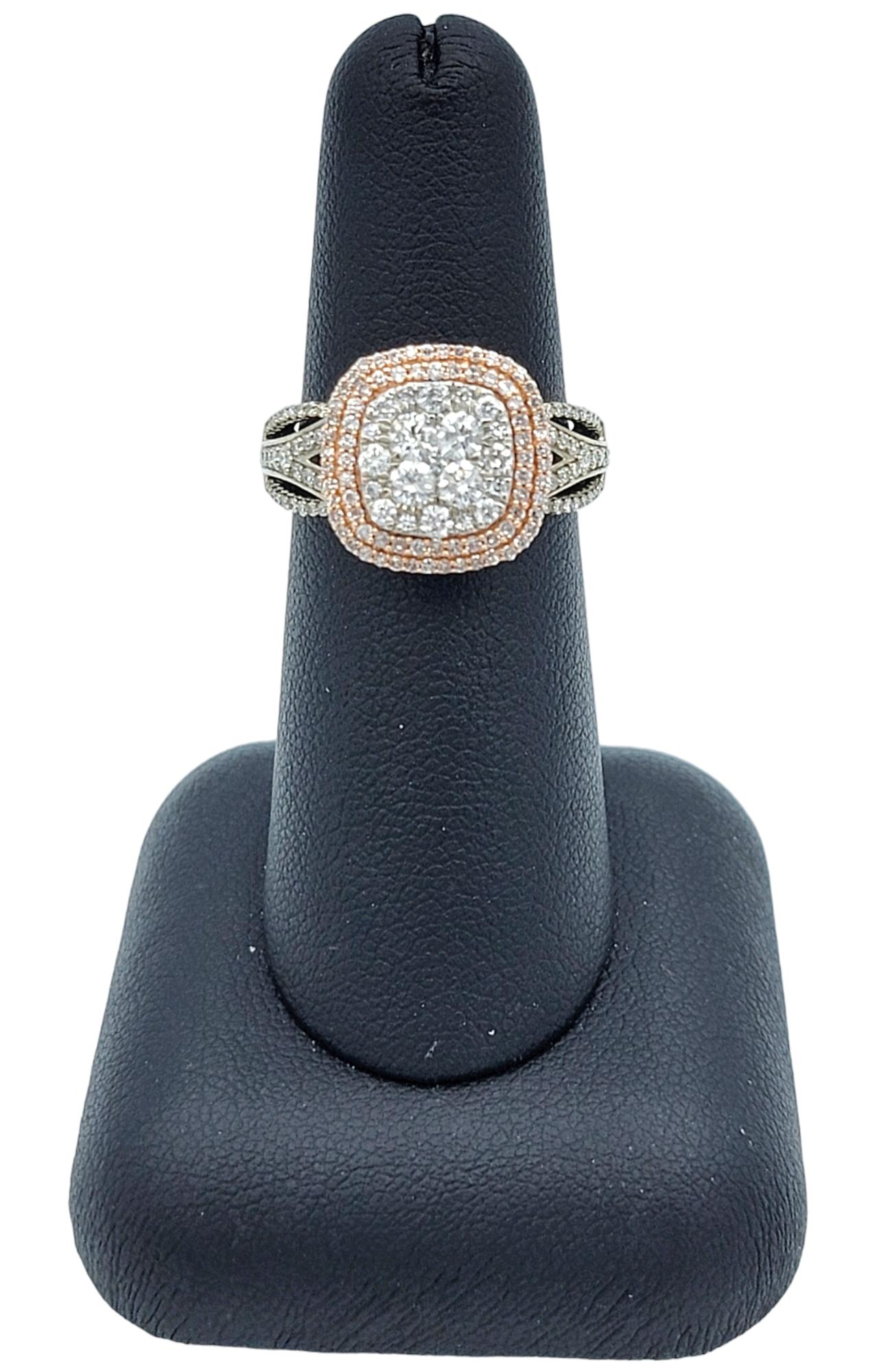 Squared Double Diamond Halo Split Shank Cocktail Ring in White and Rose Gold For Sale 4