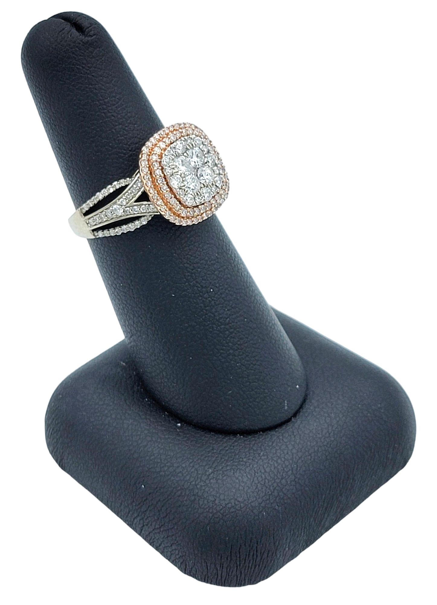 Squared Double Diamond Halo Split Shank Cocktail Ring in White and Rose Gold For Sale 5