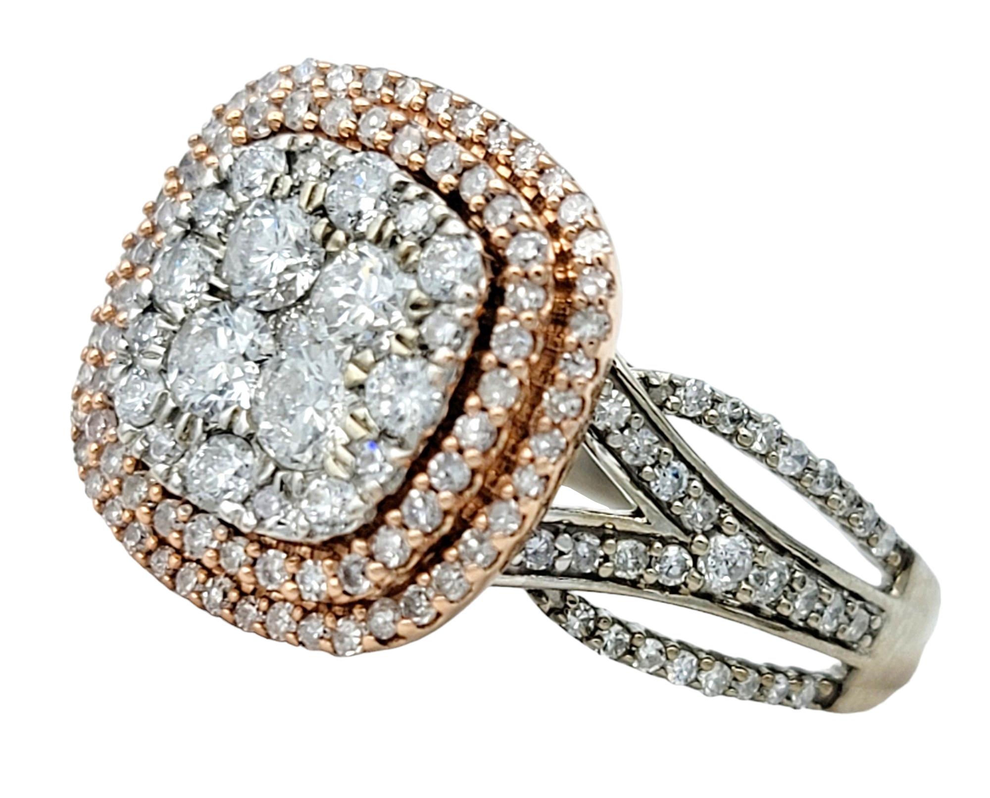 Contemporary Squared Double Diamond Halo Split Shank Cocktail Ring in White and Rose Gold For Sale