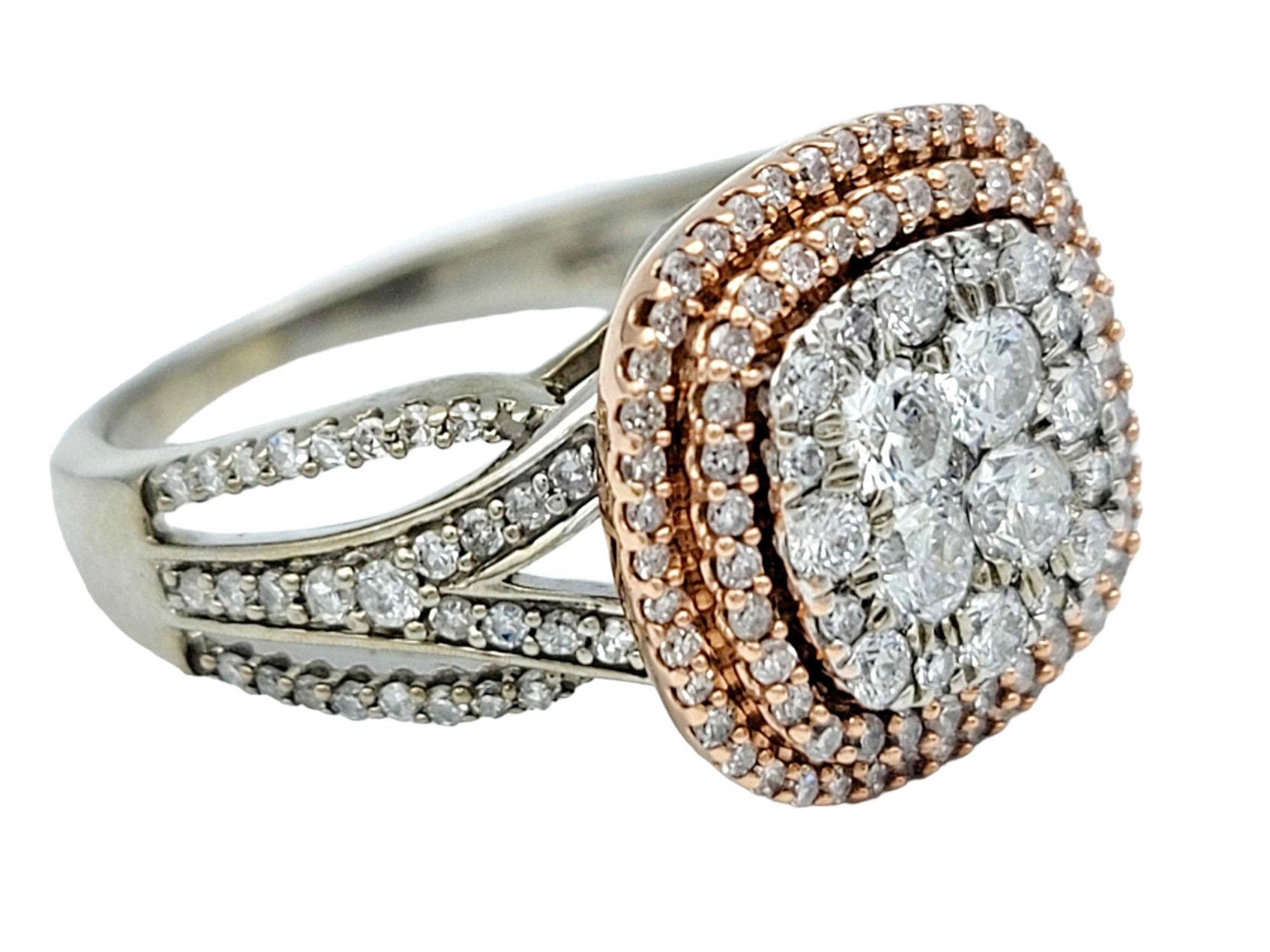 Rose Cut Squared Double Diamond Halo Split Shank Cocktail Ring in White and Rose Gold For Sale