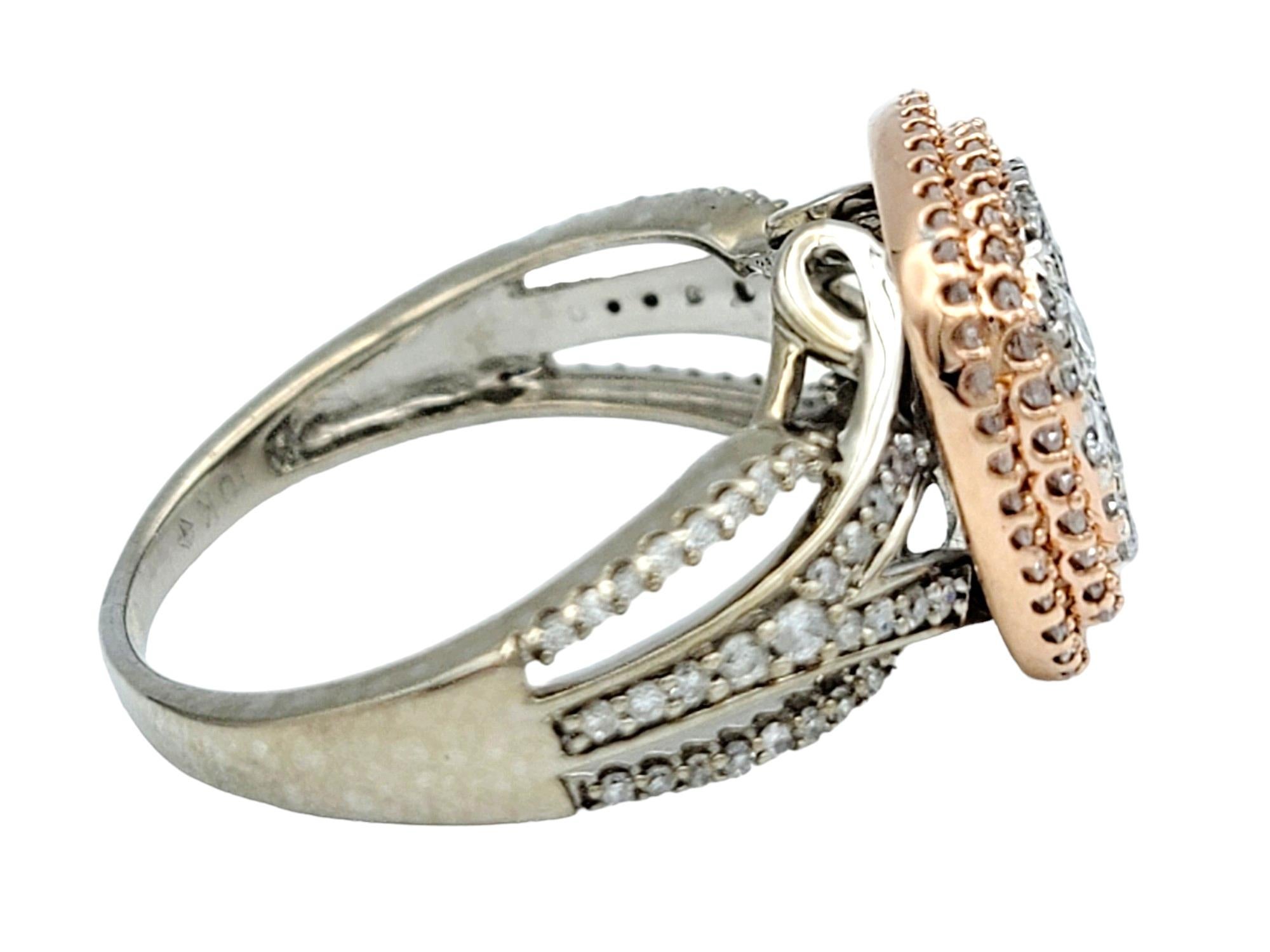 Squared Double Diamond Halo Split Shank Cocktail Ring in White and Rose Gold In Good Condition For Sale In Scottsdale, AZ