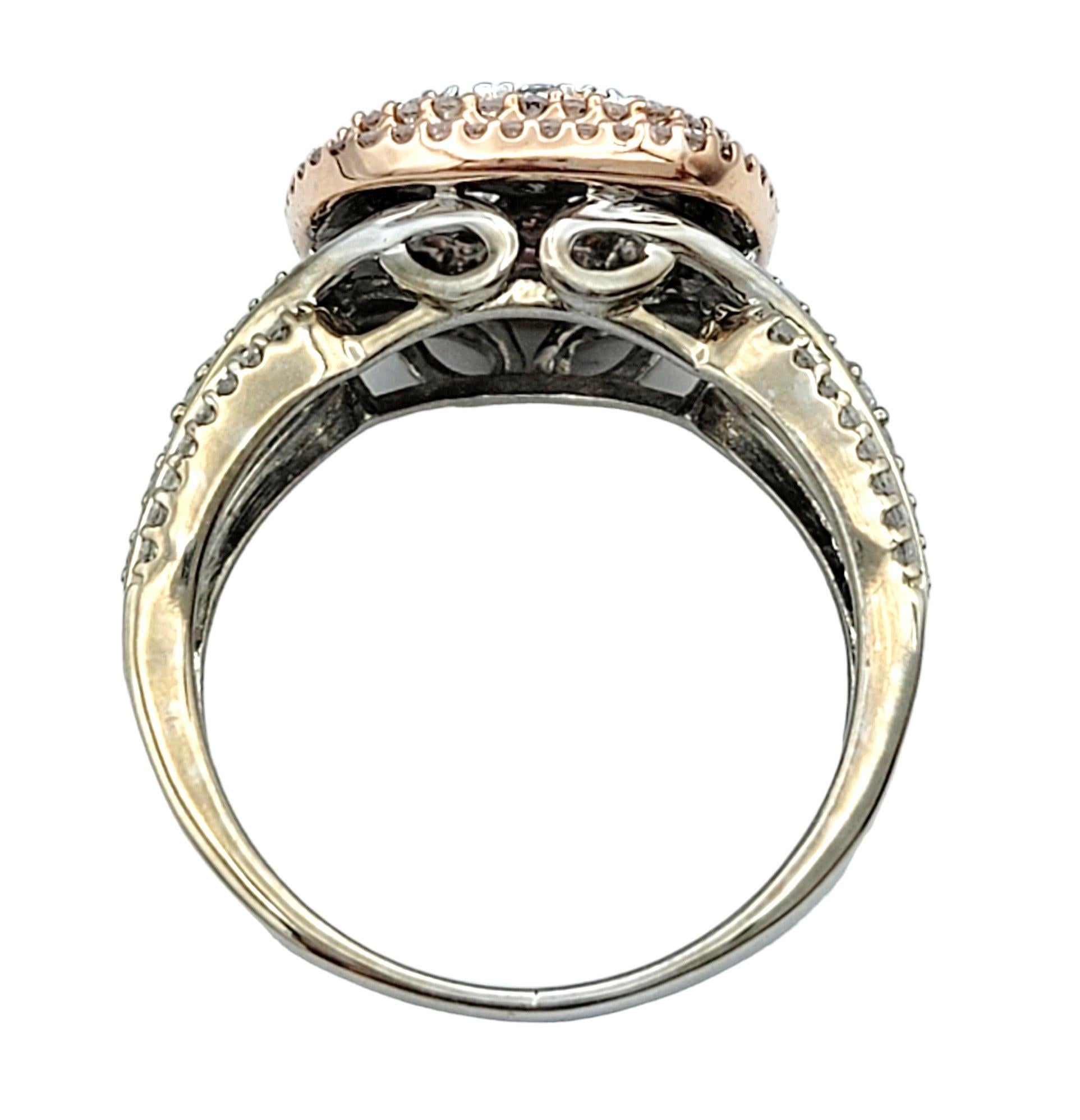 Women's Squared Double Diamond Halo Split Shank Cocktail Ring in White and Rose Gold For Sale