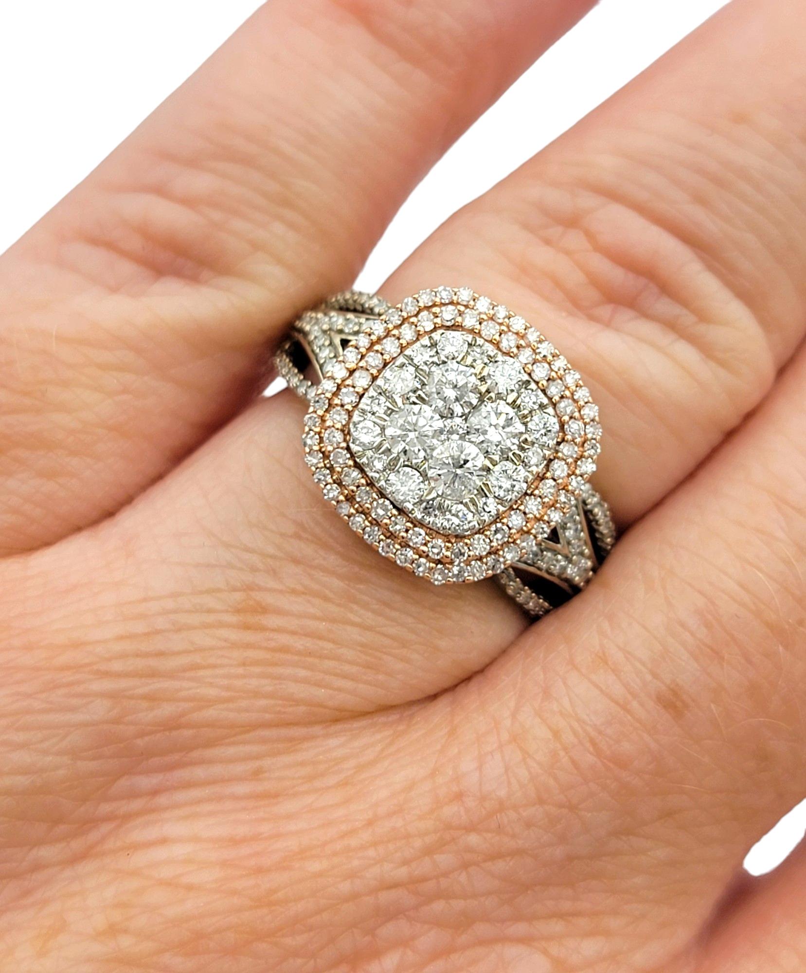 Squared Double Diamond Halo Split Shank Cocktail Ring in White and Rose Gold For Sale 2
