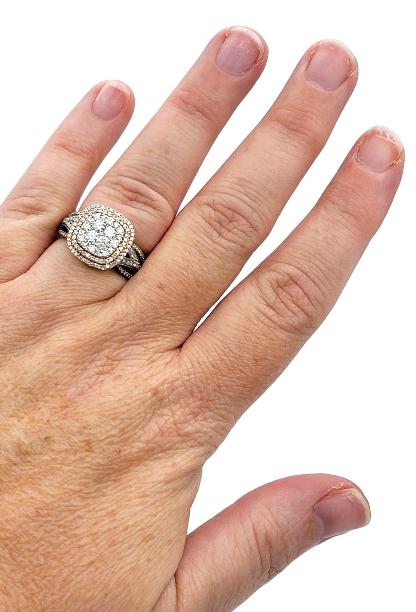 Squared Double Diamond Halo Split Shank Cocktail Ring in White and Rose Gold For Sale 3