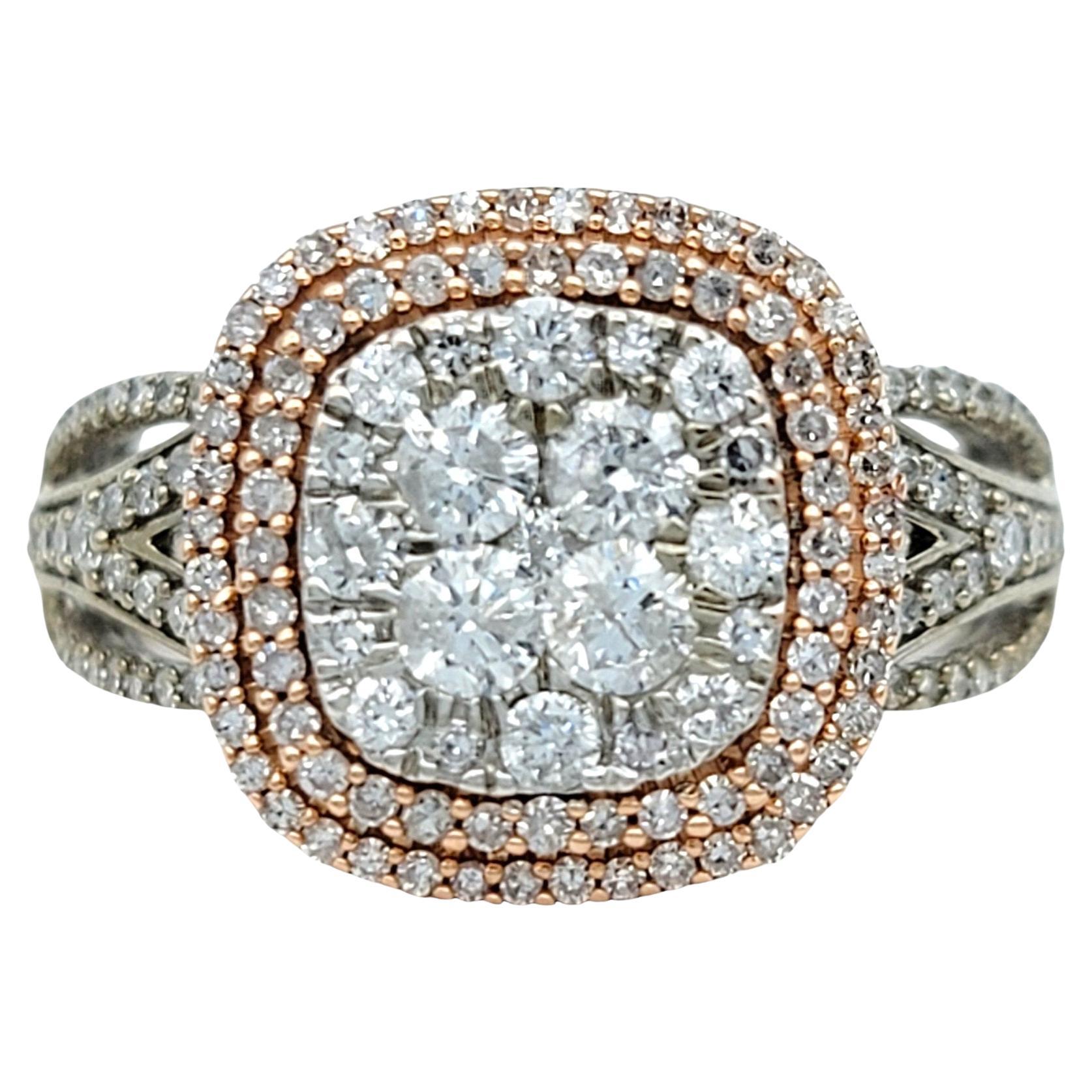 Squared Double Diamond Halo Split Shank Cocktail Ring in White and Rose Gold