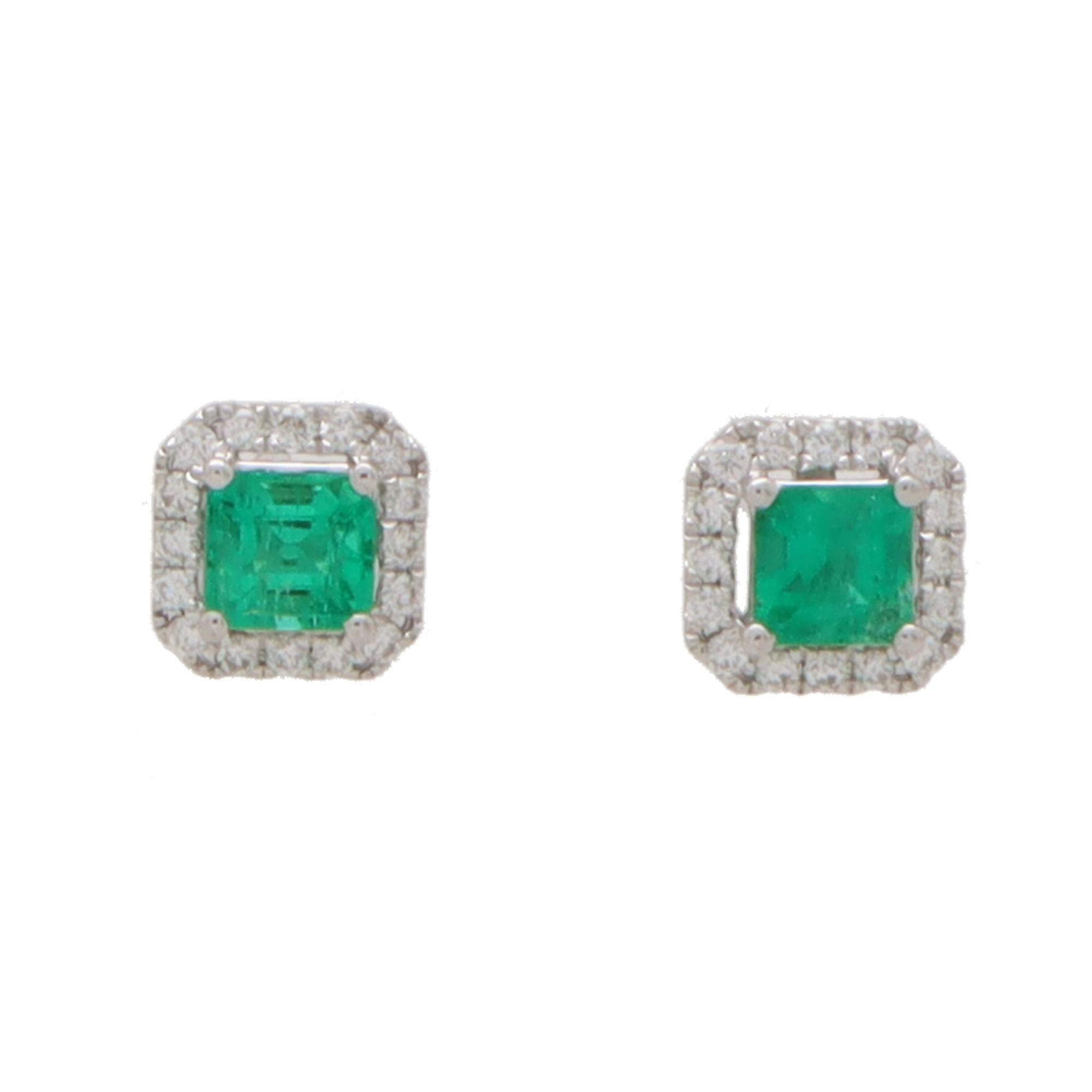 Modern  Squared Emerald and Diamond Cluster Stud Earrings For Sale
