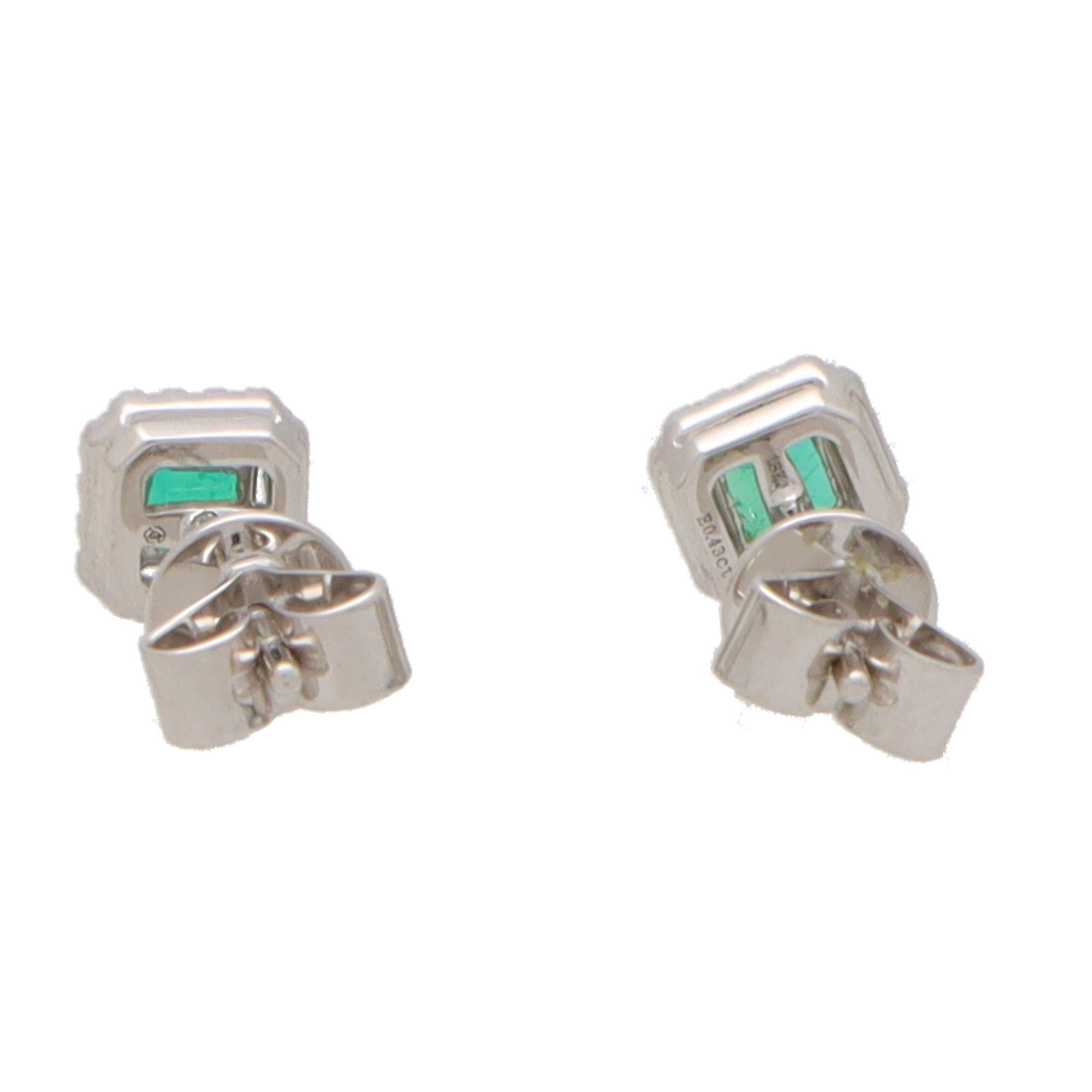 Square Cut  Squared Emerald and Diamond Cluster Stud Earrings For Sale