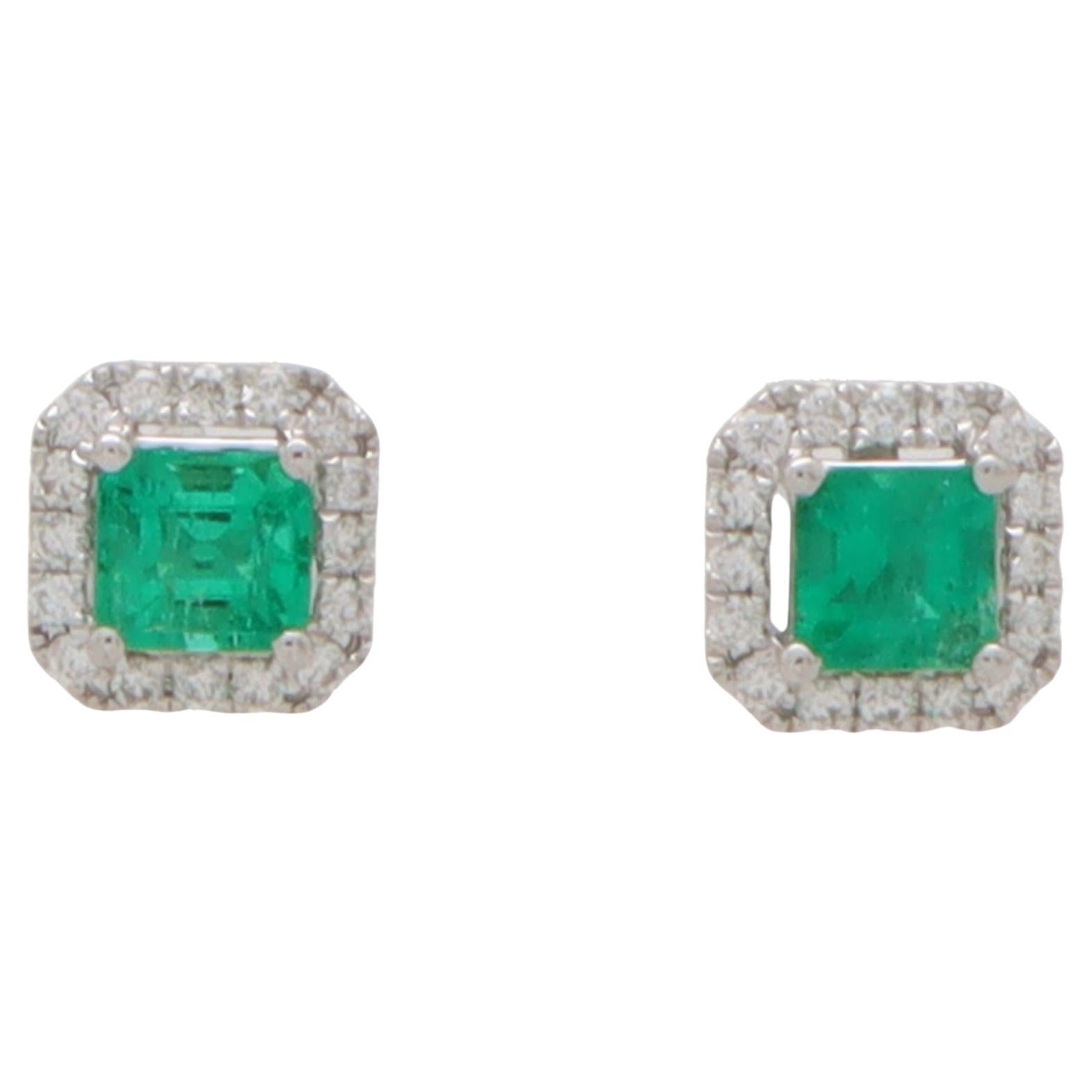  Squared Emerald and Diamond Cluster Stud Earrings For Sale