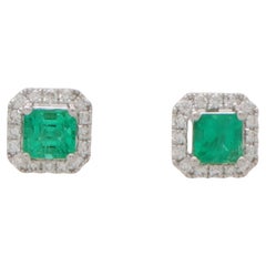  Squared Emerald and Diamond Cluster Stud Earrings