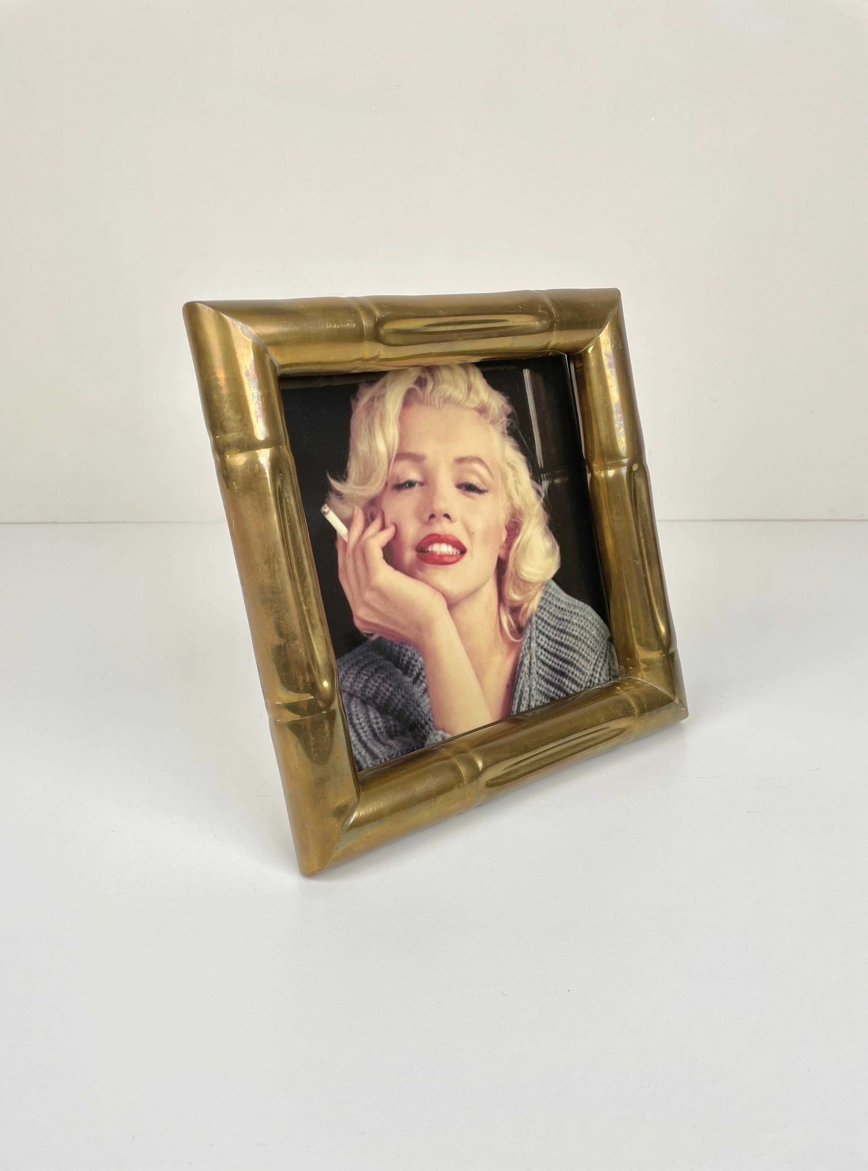 Mid-Century Modern Squared Faux Bamboo Brass Picture Frame Attributed to Tommaso Barbi Italy 1970s For Sale