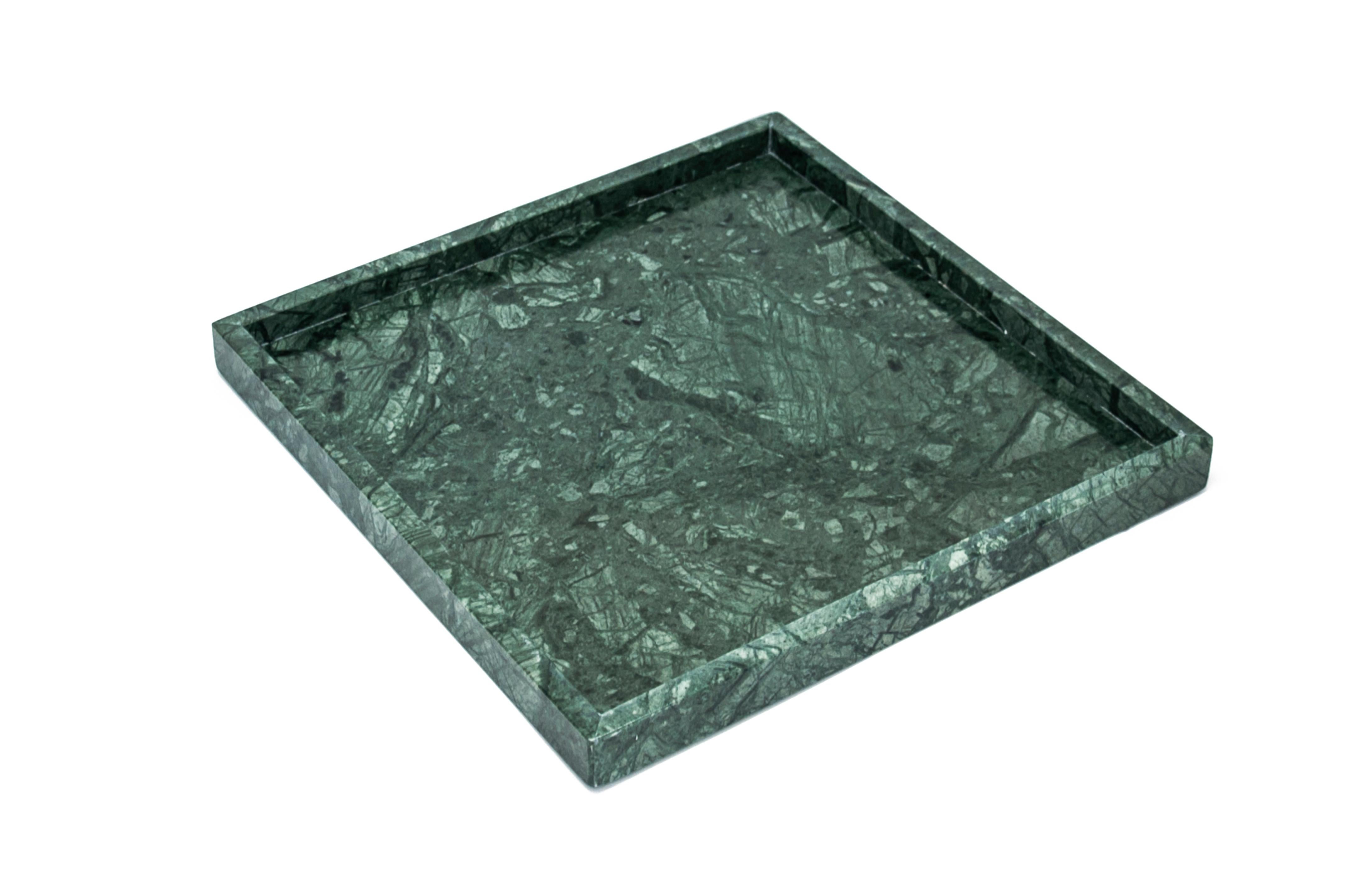 Squared green Guatemala marble tray, ideal for spa, in the bathroom but also as a table centerpiece or in the entrance as a dresser valet. Each piece is in a way unique (every marble block is different in veins and shades) and handmade by Italian