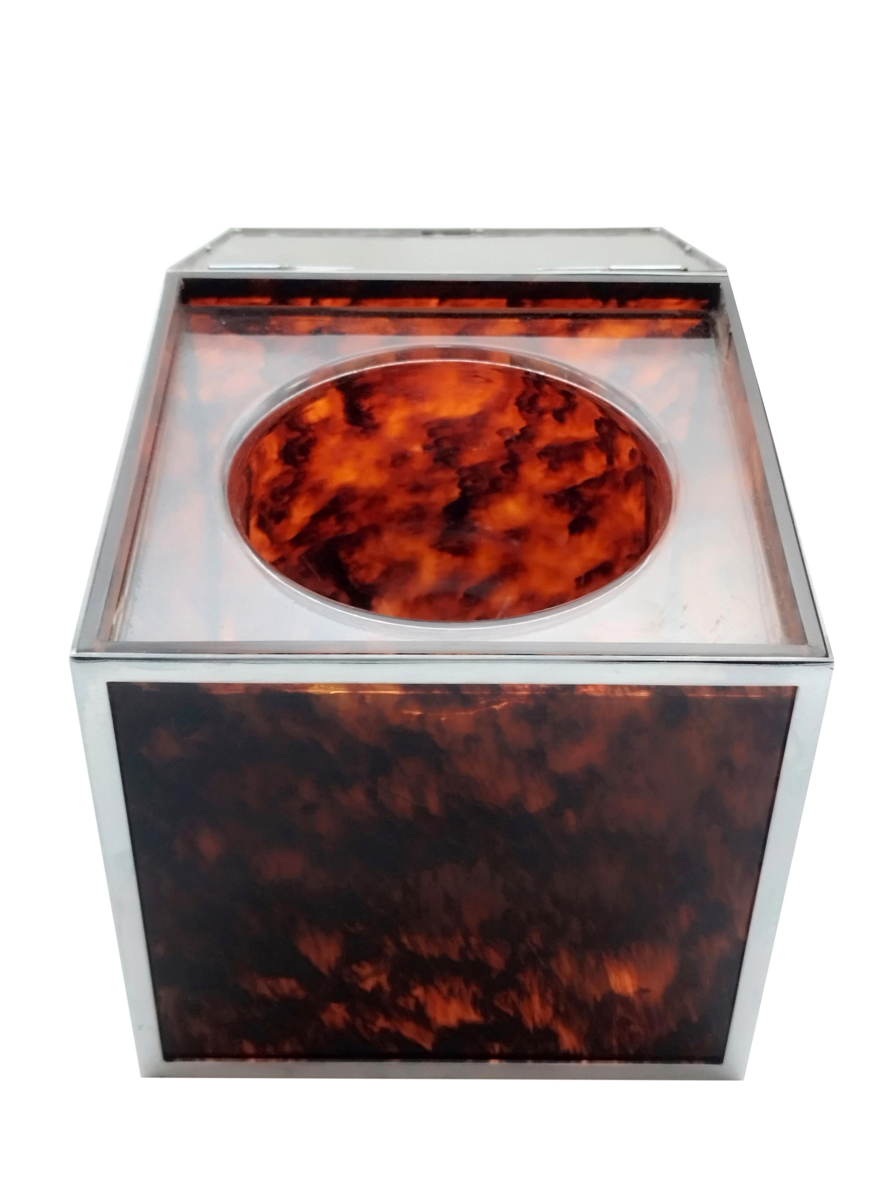 Italian Squared Ice Bucket in Tortoise Shell Effect Lucite and Chrome, Italy, 1970s For Sale