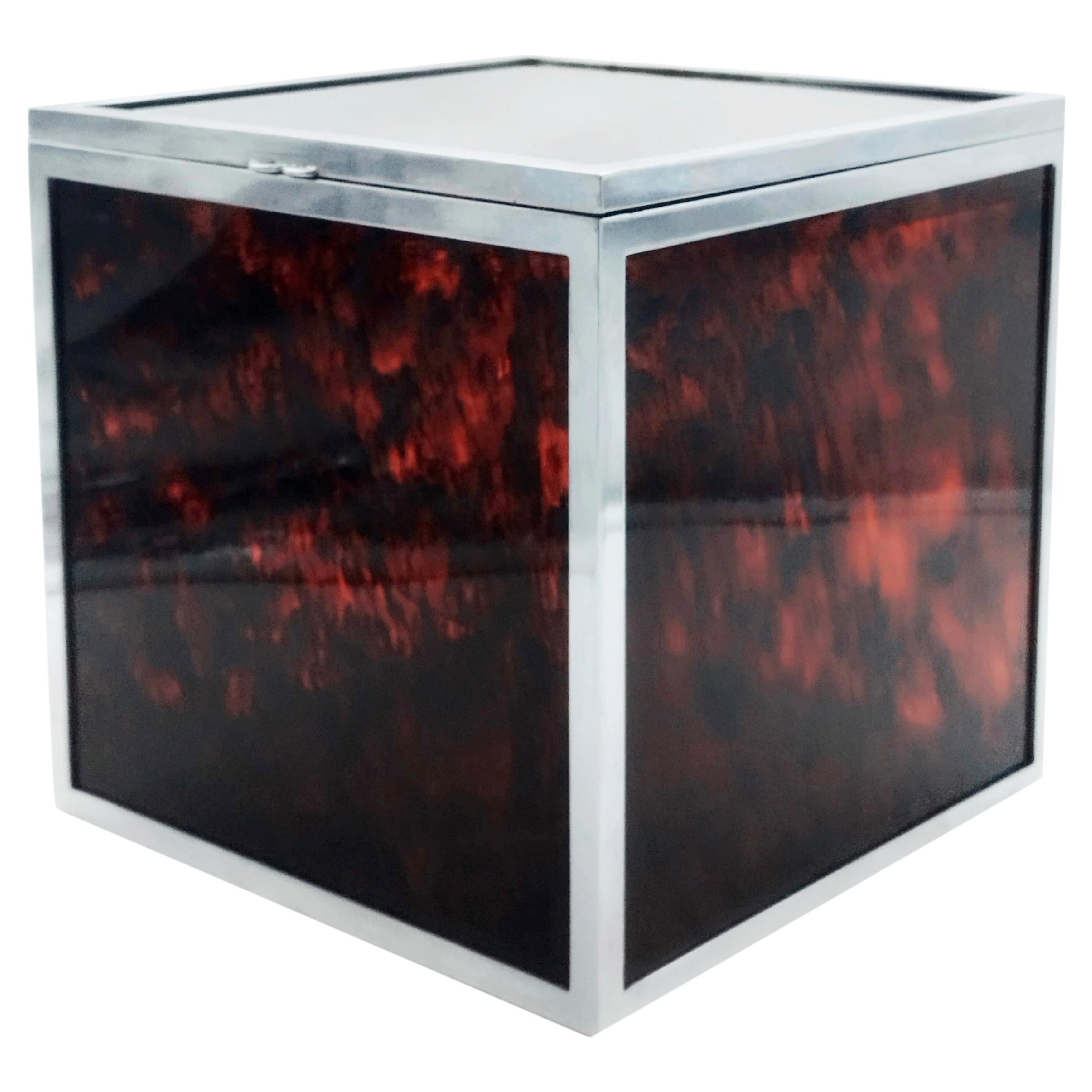Squared Ice Bucket in Tortoise Shell Effect Lucite and Chrome, Italy, 1970s