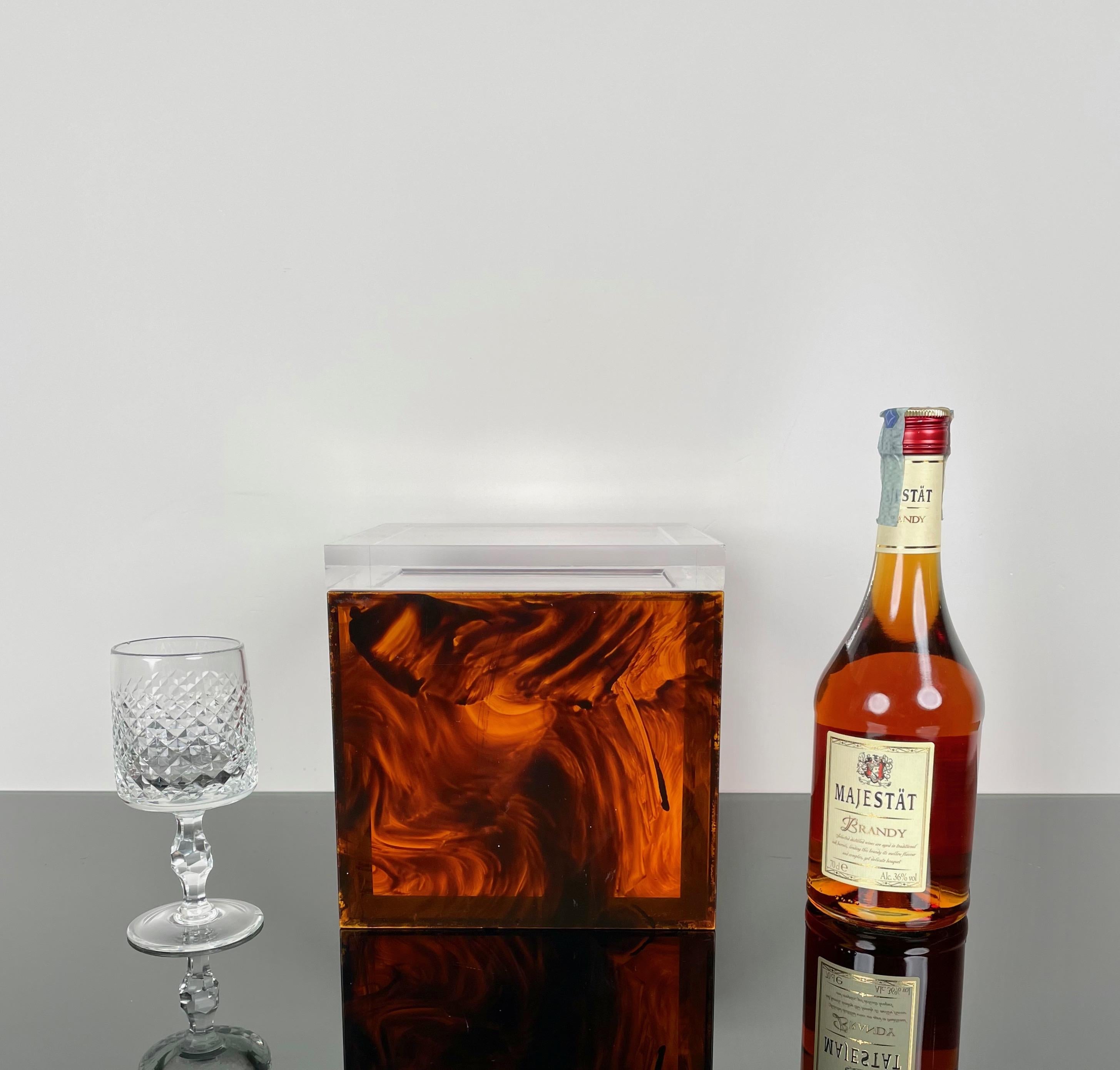 Plastic Squared Ice Bucket in Tortoise Shell Effect Lucite, Italy, 1970s For Sale
