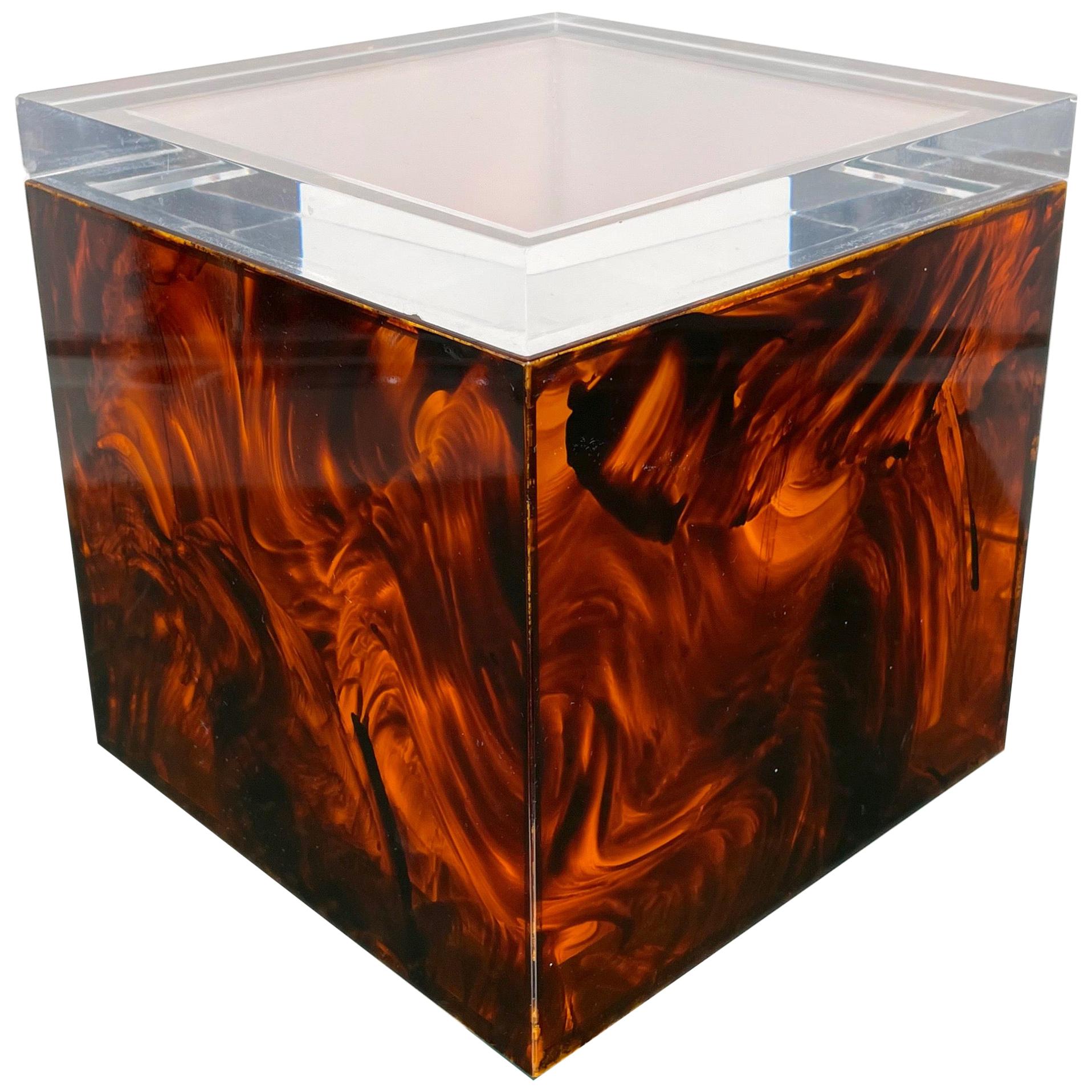 Squared Ice Bucket in Tortoise Shell Effect Lucite, Italy, 1970s For Sale