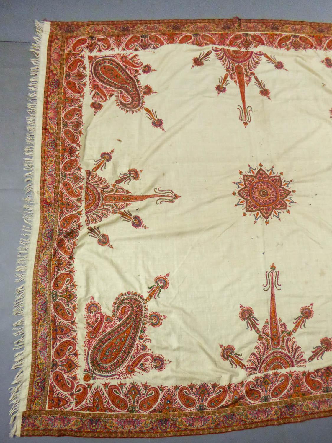 Beige Squared Indian Embroidered Kashmir Shawl Circa 1870