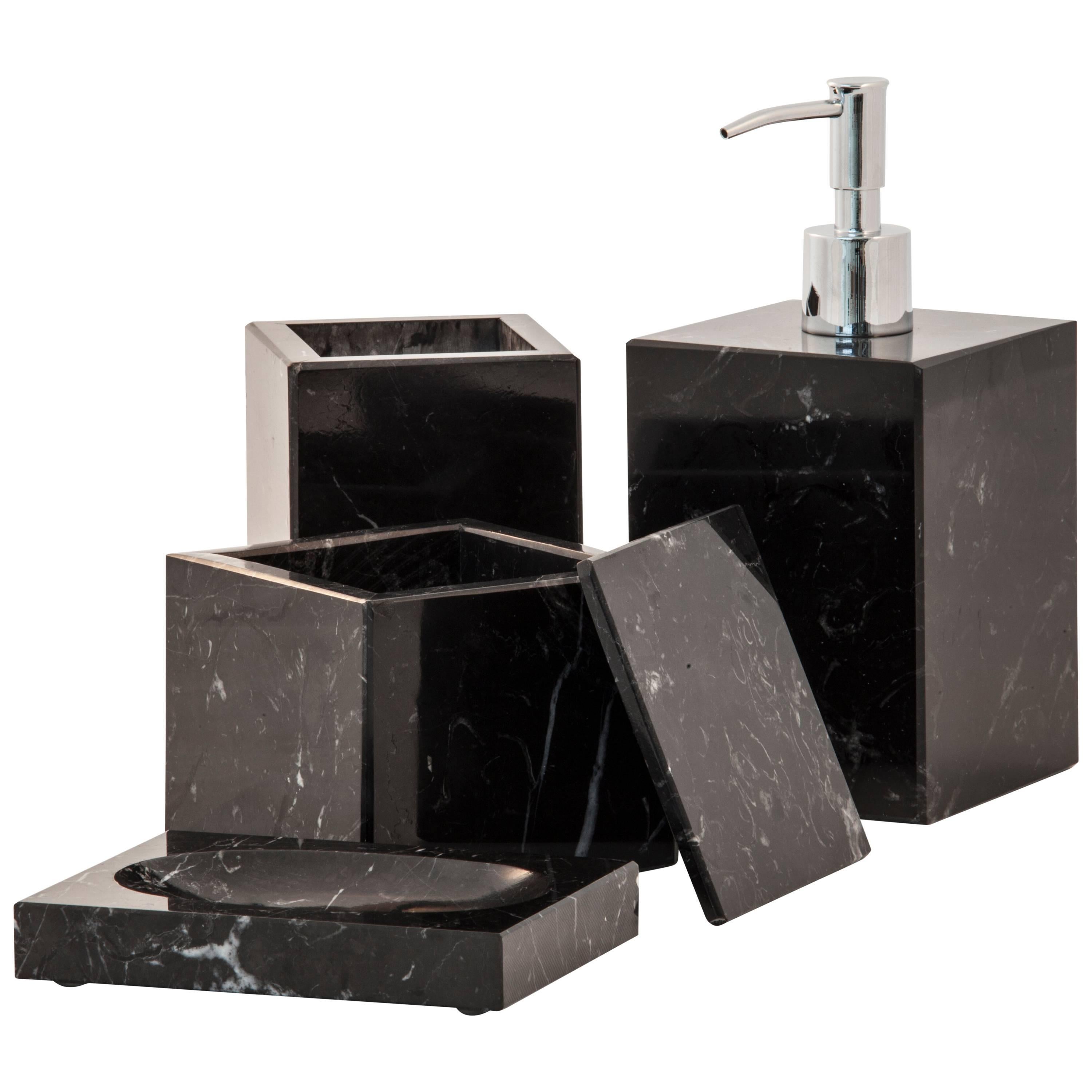 Handmade Squared Set for Bathroom in Black Marquina Marble For Sale