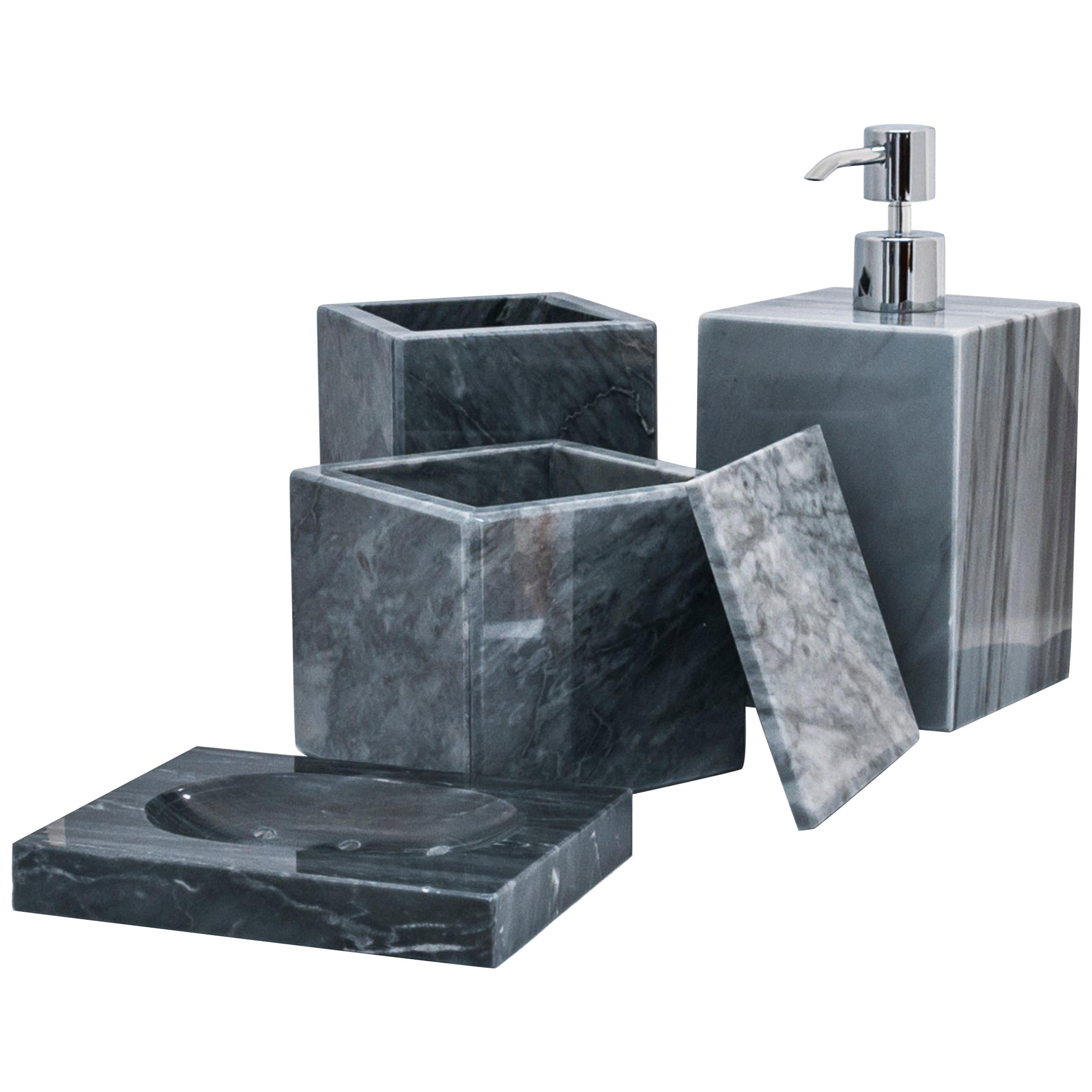 Handmade Squared Set for Bathroom in Grey Bardiglio Marble For Sale