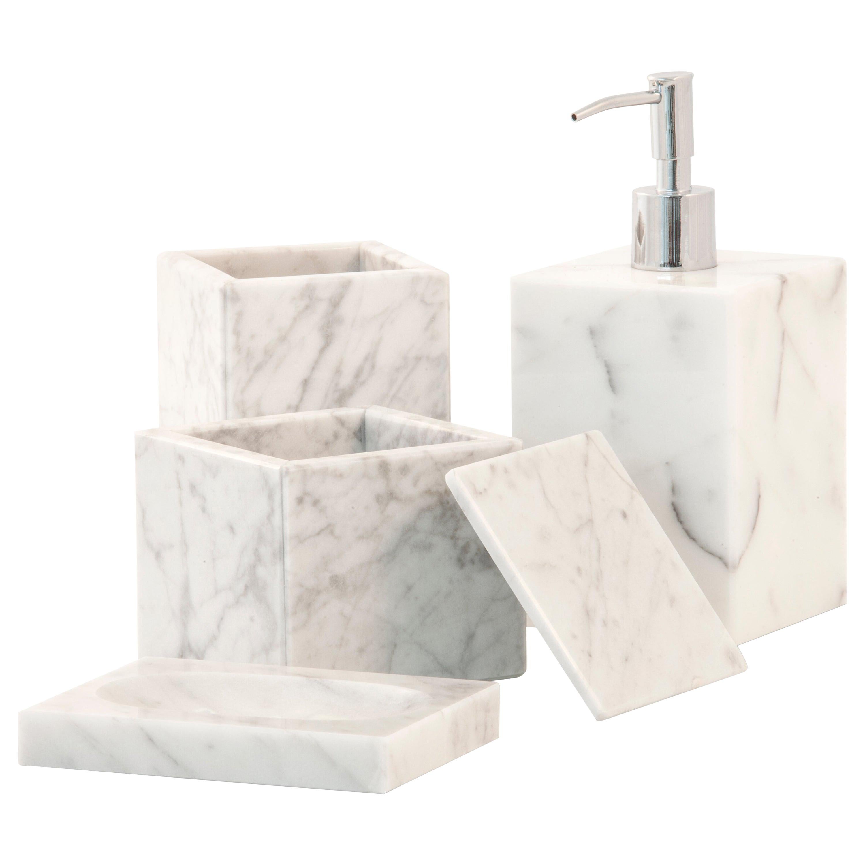 Handgefertigtes, quadratisches Set für Bad aus weißem Carrara-Marmor