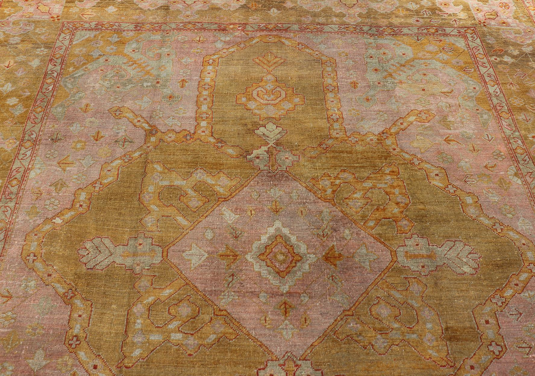 Squared Shape Antique Oushak Rug in Green, Marigold, Cream and Pink Color  For Sale 5