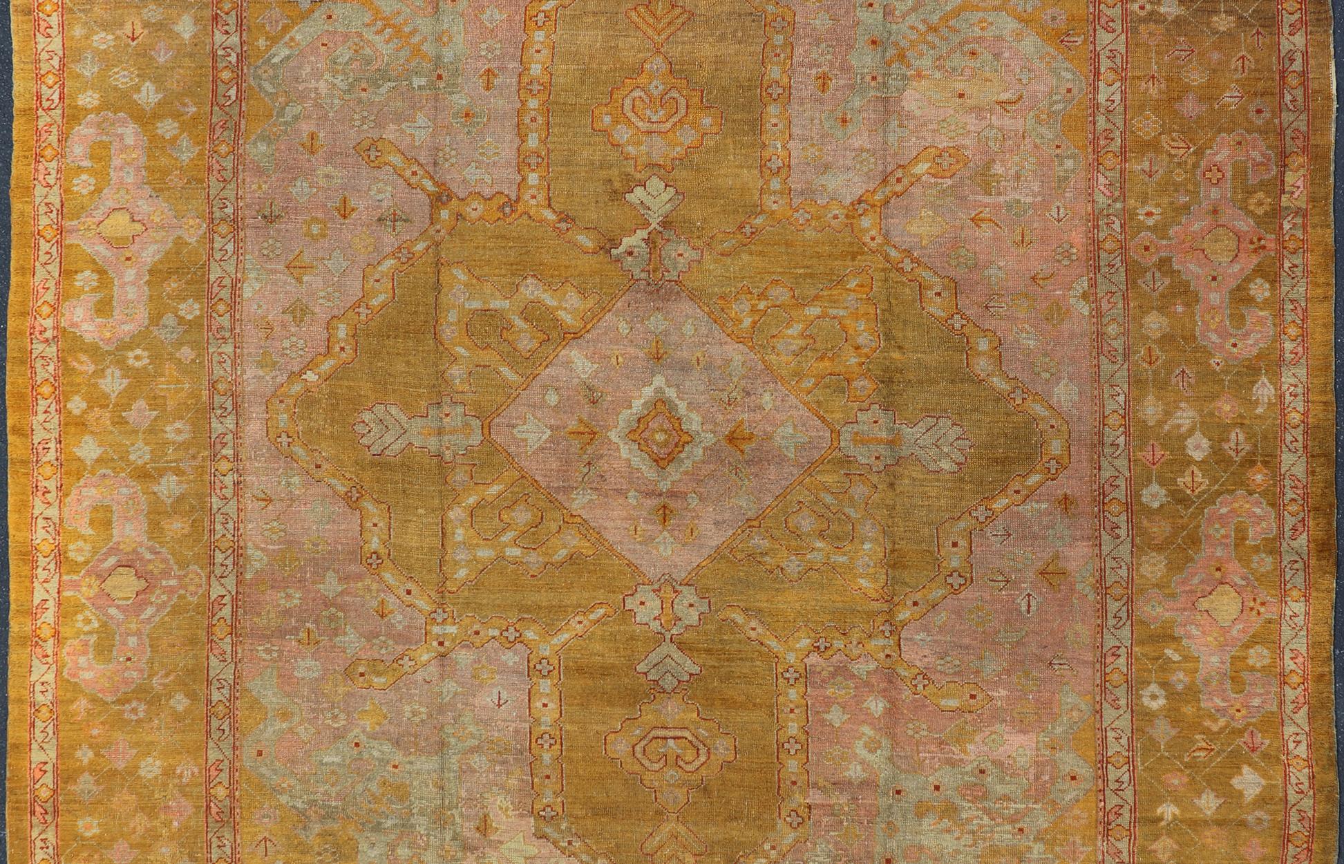 Squared Shape Antique Oushak Rug in Green, Marigold, Cream and Pink Color  For Sale 7