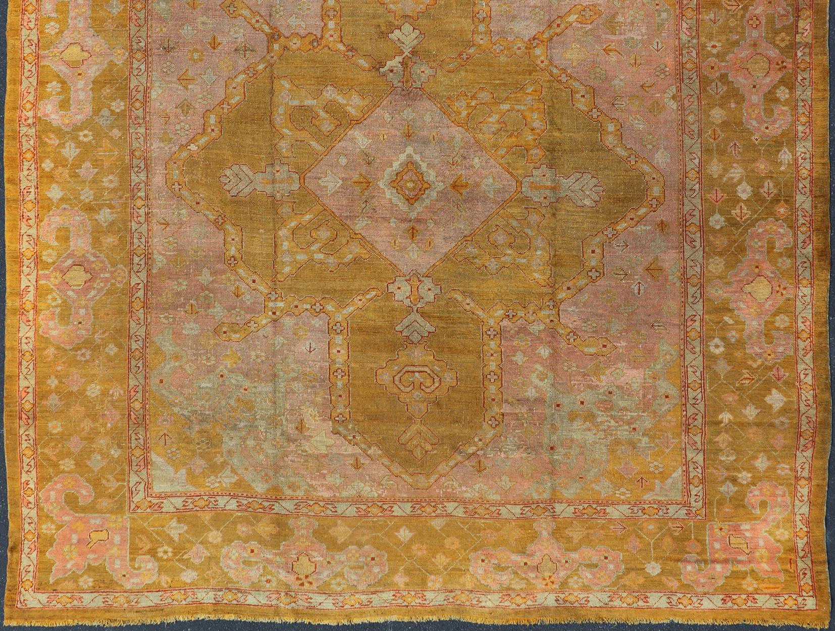 Squared Shape Antique Oushak Rug in Green, Marigold, Cream and Pink Color  For Sale 8