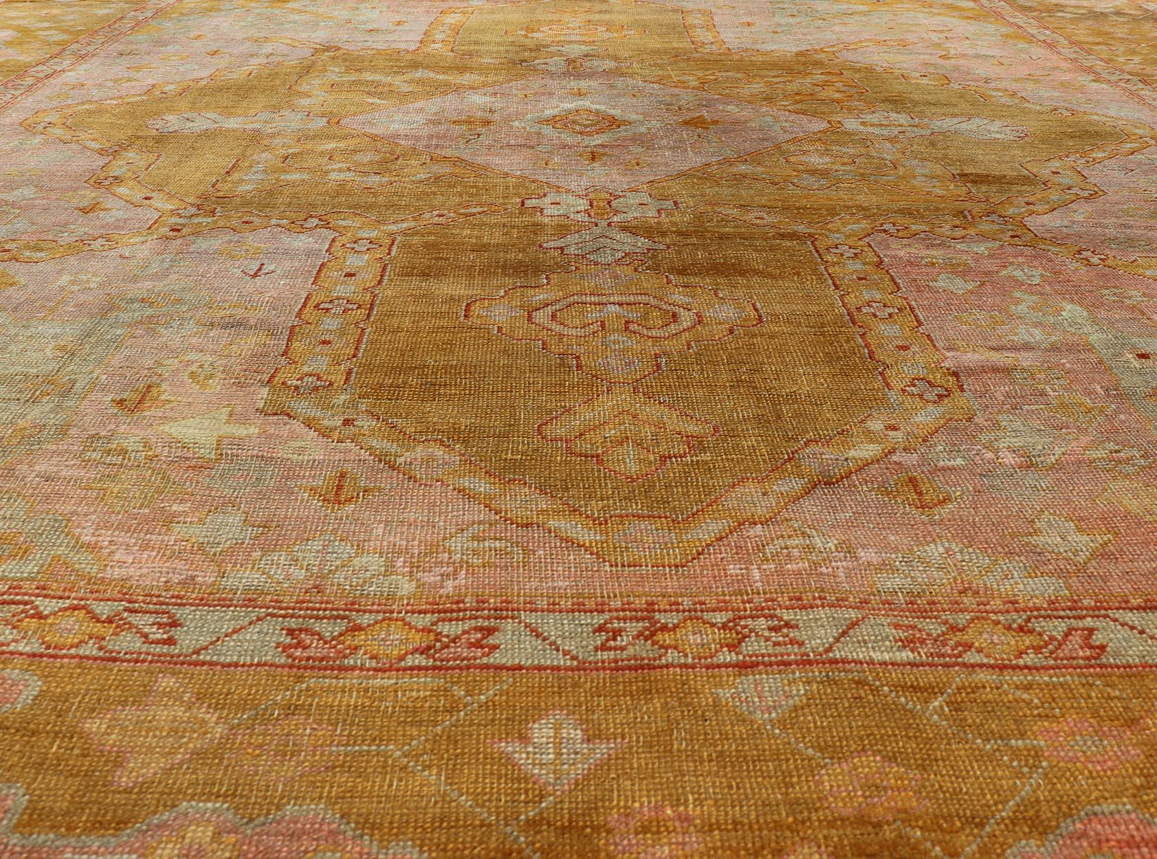 19th century Squared Shape Antique Oushak Rug with golden Green, Marigold, Cream and Pink Color. Keivan Woven Arts / Rug / E-0805, country of origin / type: Turkey / Oushak, circa Late 19th Century antique Oushak.

Measures: 11'6 x 13'2.

This