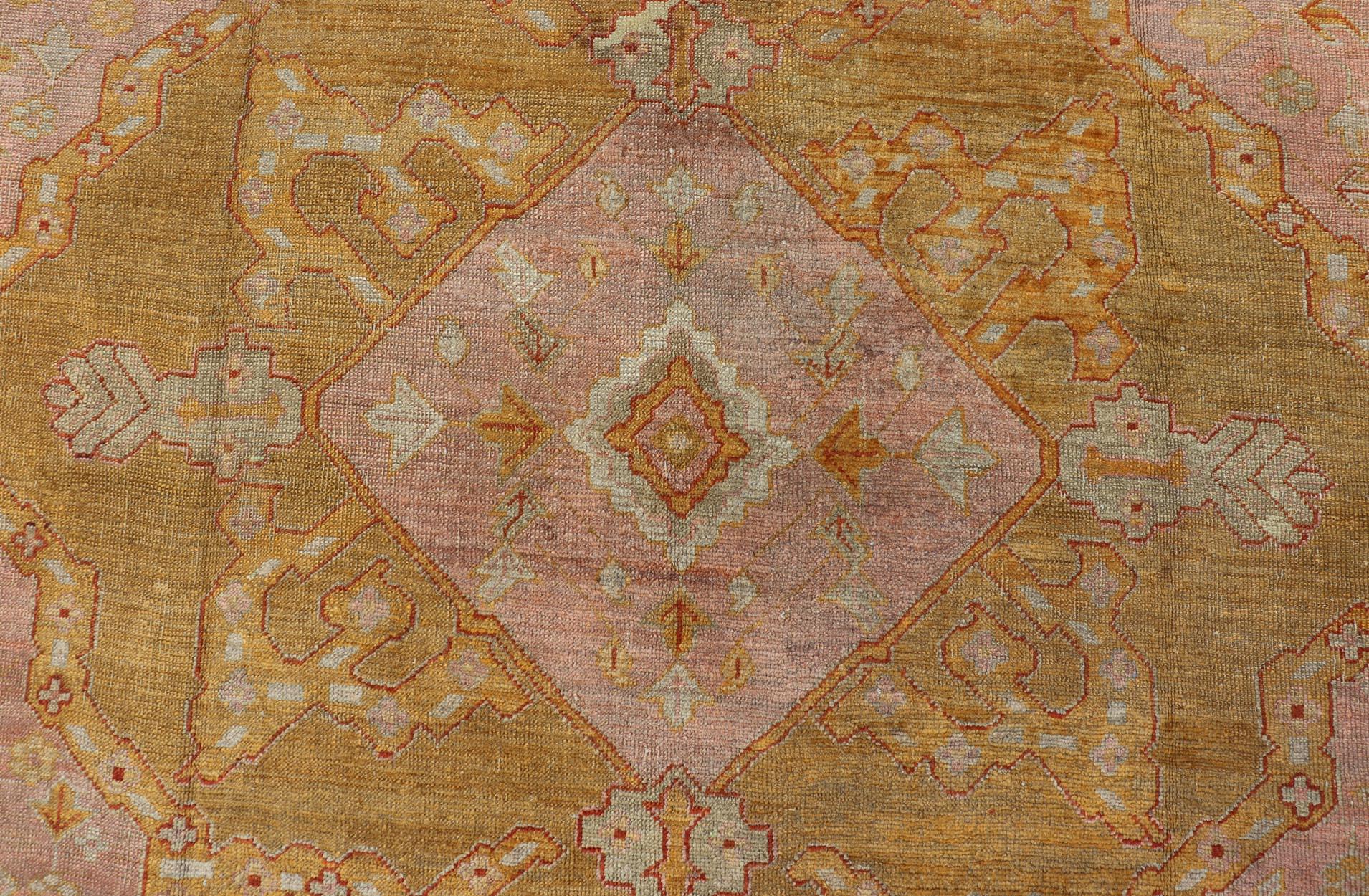 Turkish Squared Shape Antique Oushak Rug in Green, Marigold, Cream and Pink Color  For Sale