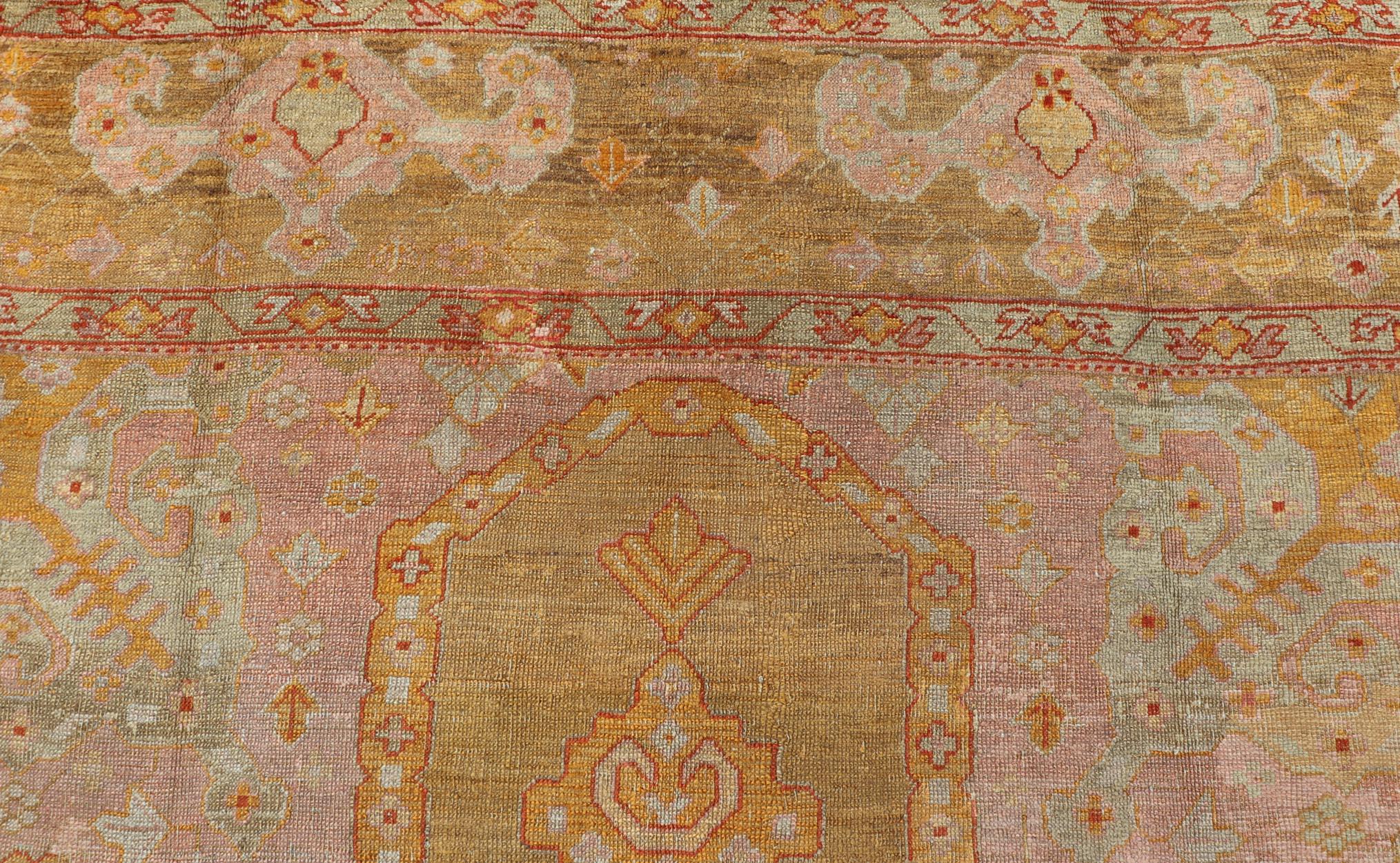 Hand-Knotted Squared Shape Antique Oushak Rug in Green, Marigold, Cream and Pink Color  For Sale