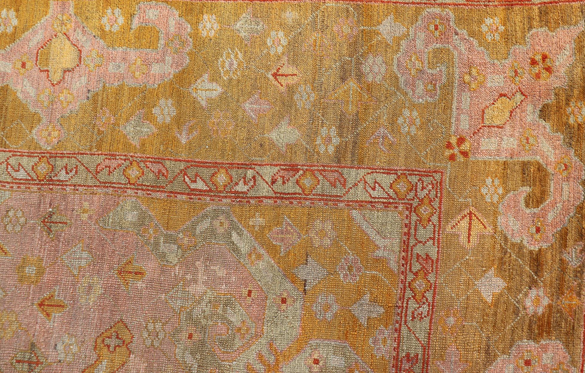 Squared Shape Antique Oushak Rug in Green, Marigold, Cream and Pink Color  In Good Condition For Sale In Atlanta, GA