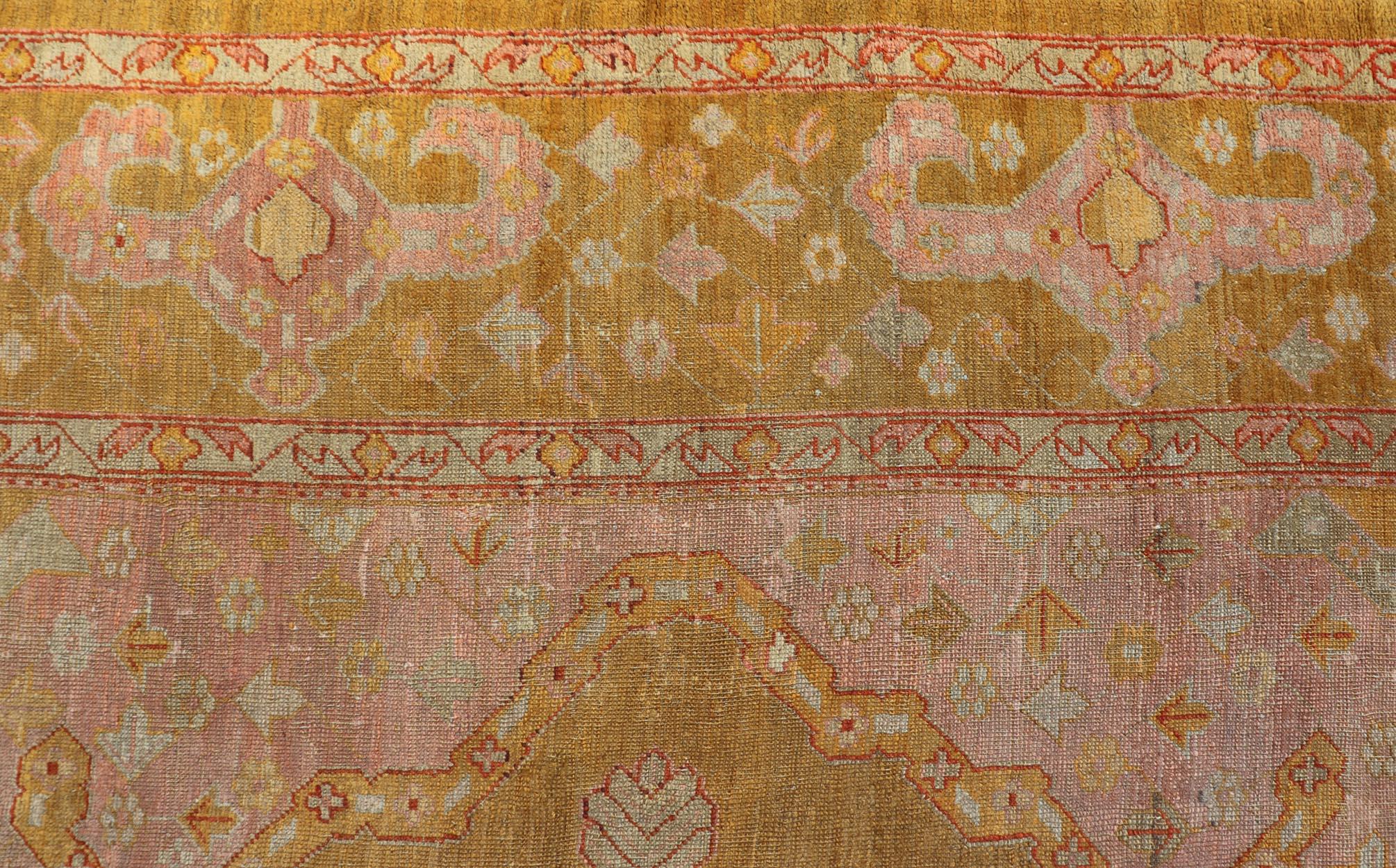 19th Century Squared Shape Antique Oushak Rug in Green, Marigold, Cream and Pink Color  For Sale