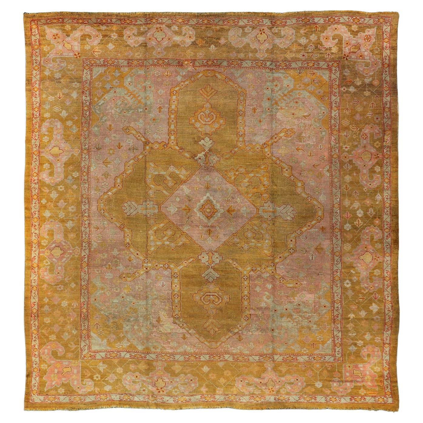 Squared Shape Antique Oushak Rug in Green, Marigold, Cream and Pink Color  For Sale