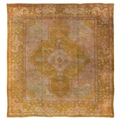 Squared Shape Antique Oushak Rug in Green, Marigold, Cream and Pink Color 